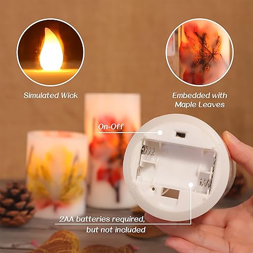 Miniatura 4 de Velas LED sin llama de otoño con control remoto y temporizador, vela de pilar temática de otoño incrustada con hojas de arce para decoraciones de
