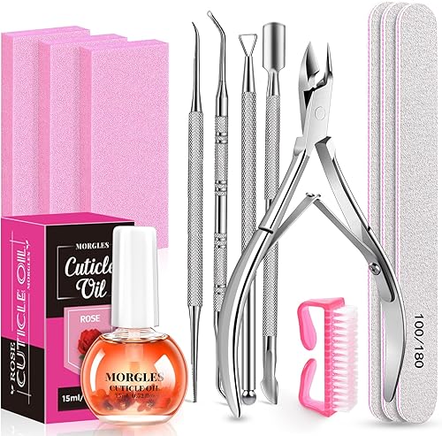 MORGLES Kit removedor de cutículas, lima de uñas 100180 y bloques de pulidor de uñas, 1 aceite de cutícula rosa y herramientas profesionales de
