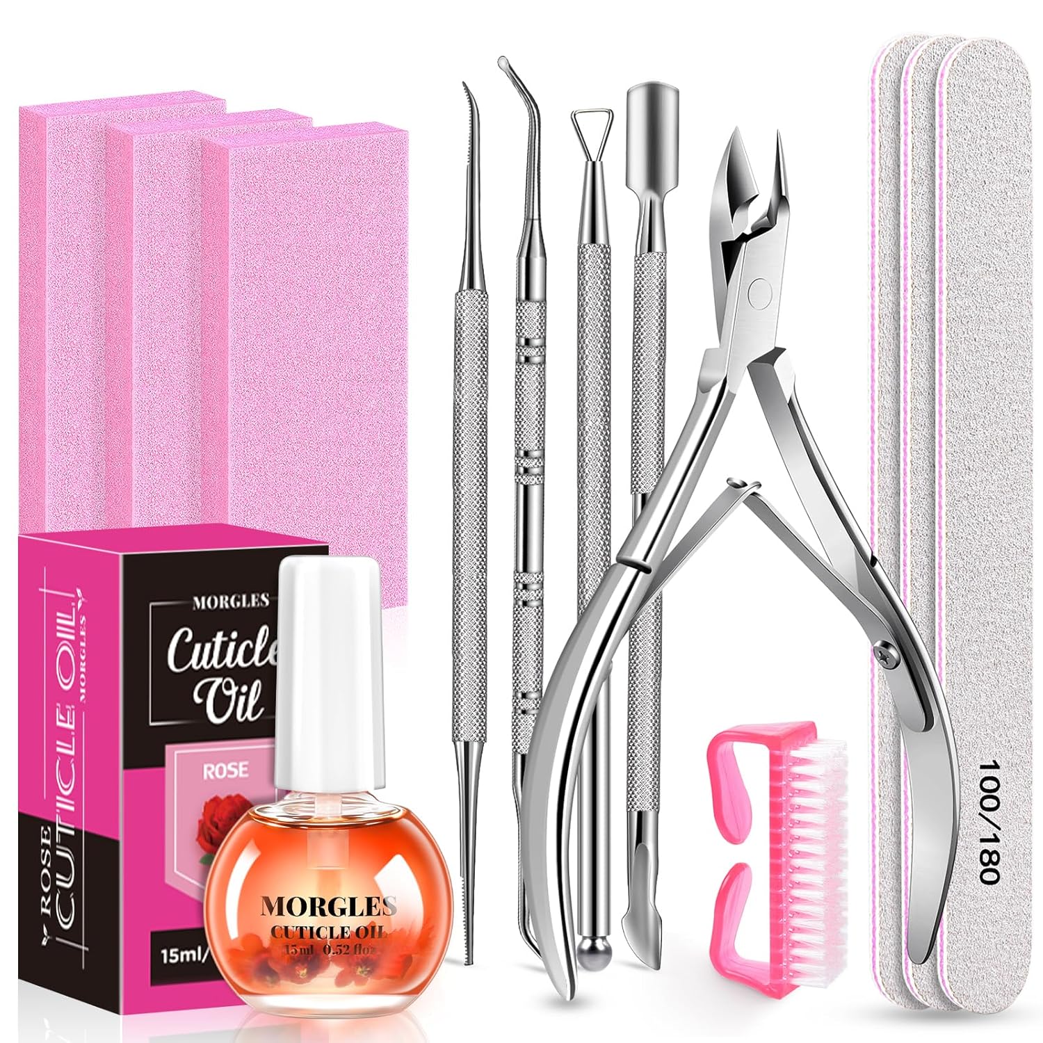 MORGLES Cuticle Remover Kit 100 180 Nail File and Nail Buffer Blocks 1 Pcs Rose Cuticle Oil and