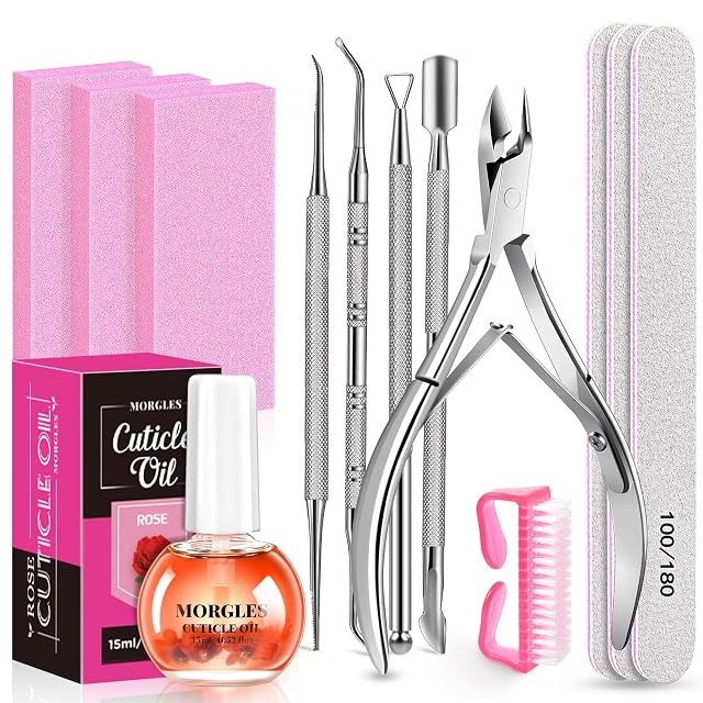 MORGLES Cuticle Remover Kit 100 180 Nail File and Nail Buffer Blocks 1 Pcs Rose Cuticle Oil and
