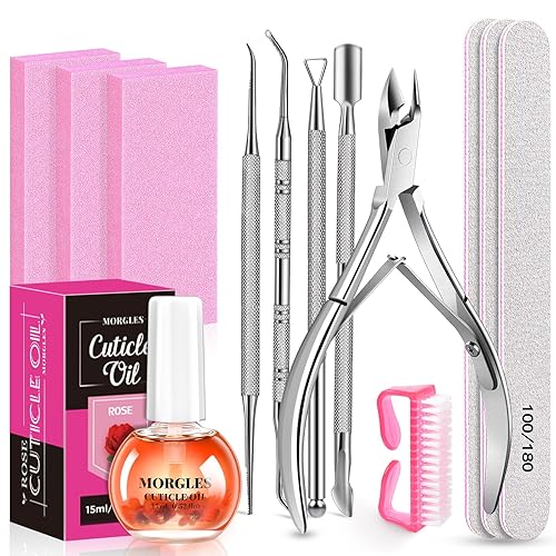 MORGLES Cuticle Remover Kit, 100/180 Nail File and Nail Buffer Blocks, 1 Pcs Rose Cuticle Oil and Professional Pedicure Manicure Tools, Nipper Cutter for Fingernails and Toenails - Rose