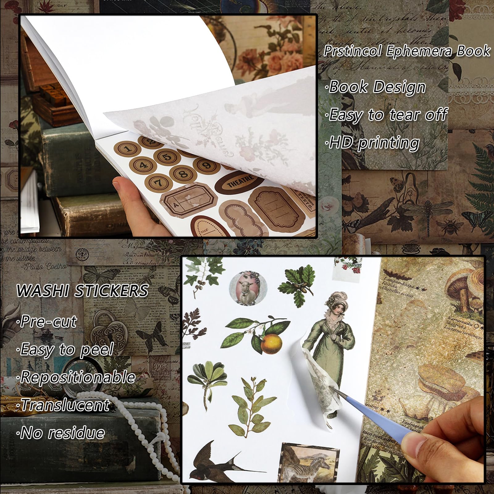 Prstincol Vintage Washi Aufkleber und Papiere für Scrapbooking, Ephemera-Buch für Kunstjournaling mit Naturwald-Themen-Aufklebern und Decoupage-Papieren für Junk Journal Bullet Journal