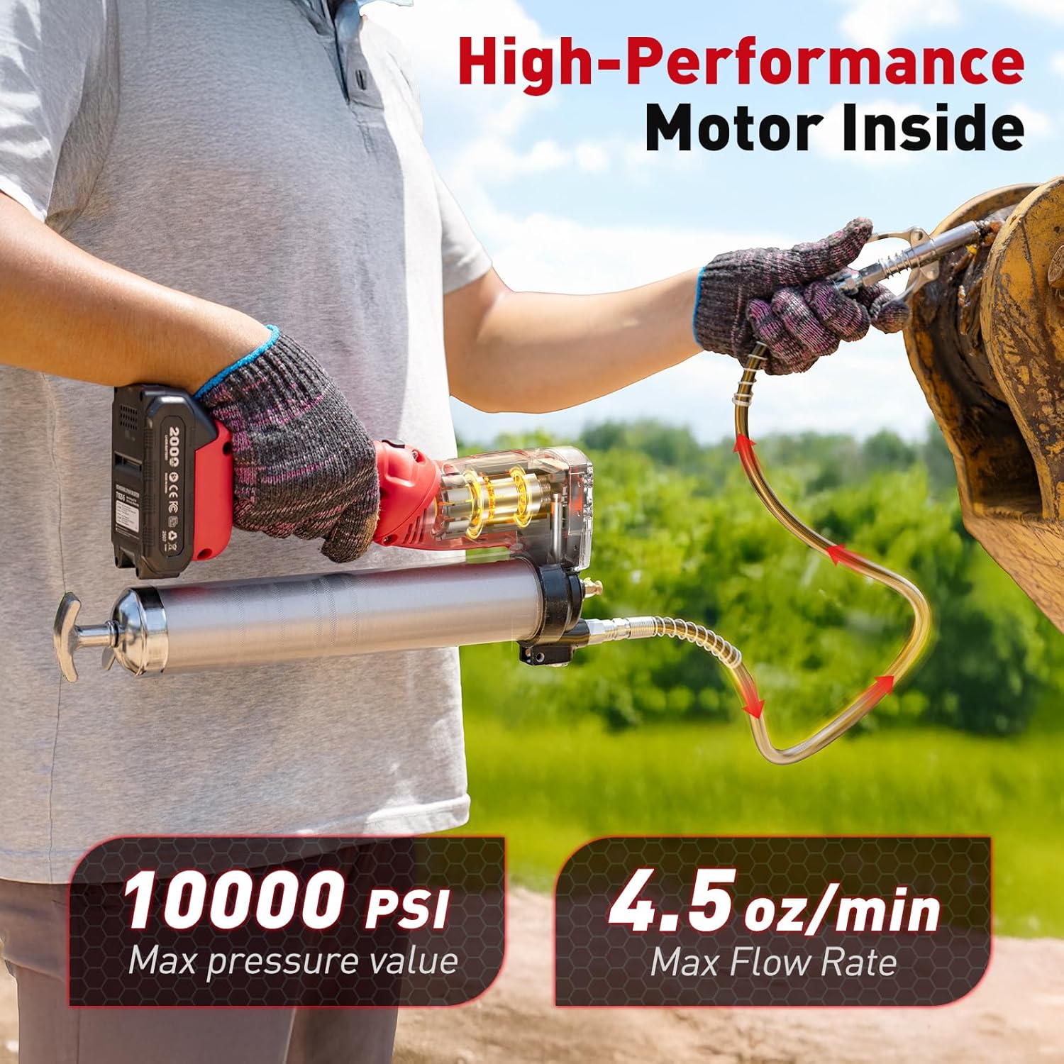 2-in-1 Electric Grease Gun: Powerful 10000 PSI Battery Powered Grease Gun Cordless Kit with 2 Batteries, Quick-Release Coupler & 39.4" Long Hose, 14oz Capacity for Heavy Duty Equipment