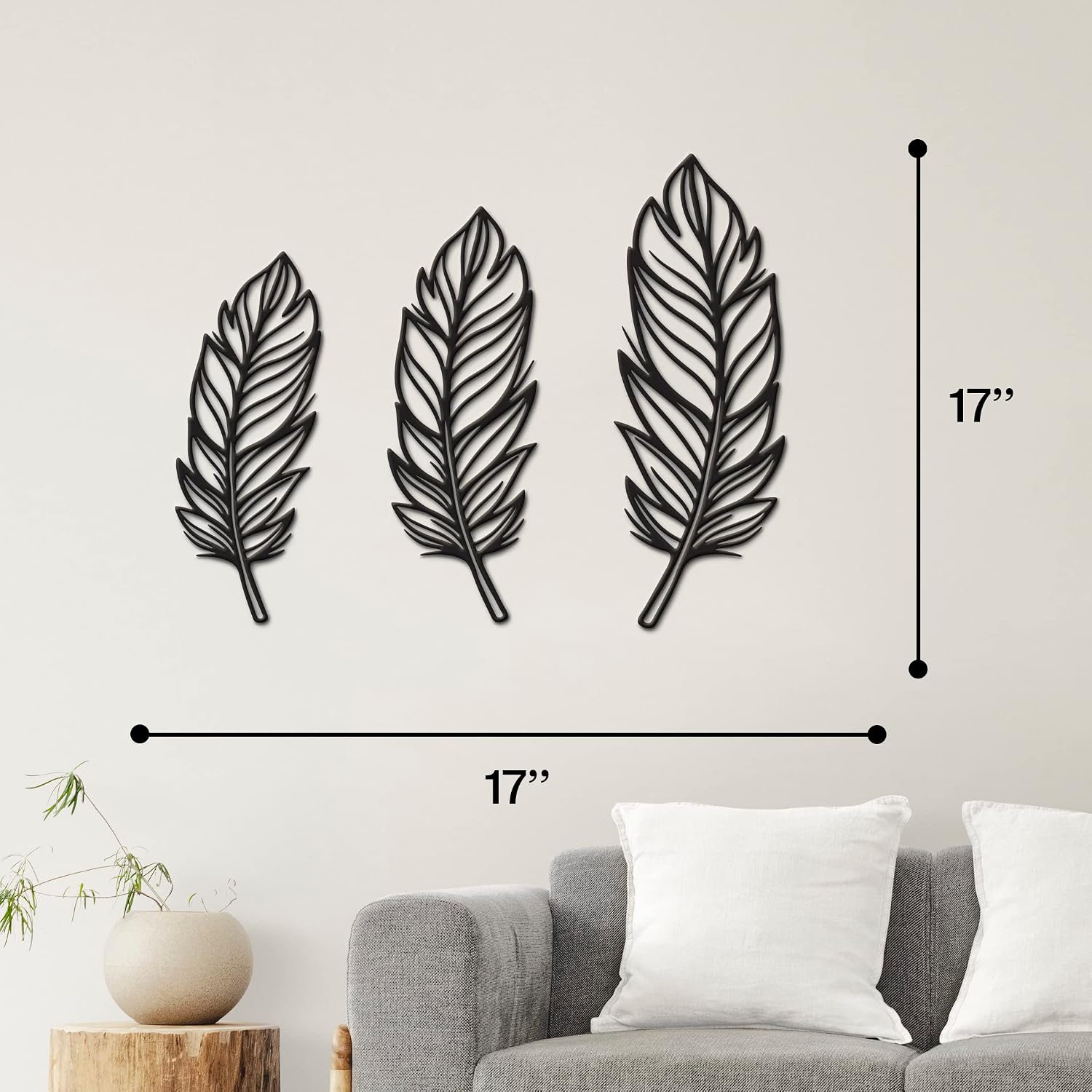 Vivegate 3 PCS Metal Feather Sign Metal Wall Decor - 17"X17" 3 PCS Black Modern Beautiful Boho Feathers Farmhouse Metal Wall Signs for Hanging Any Room Wall Art Decor image 4