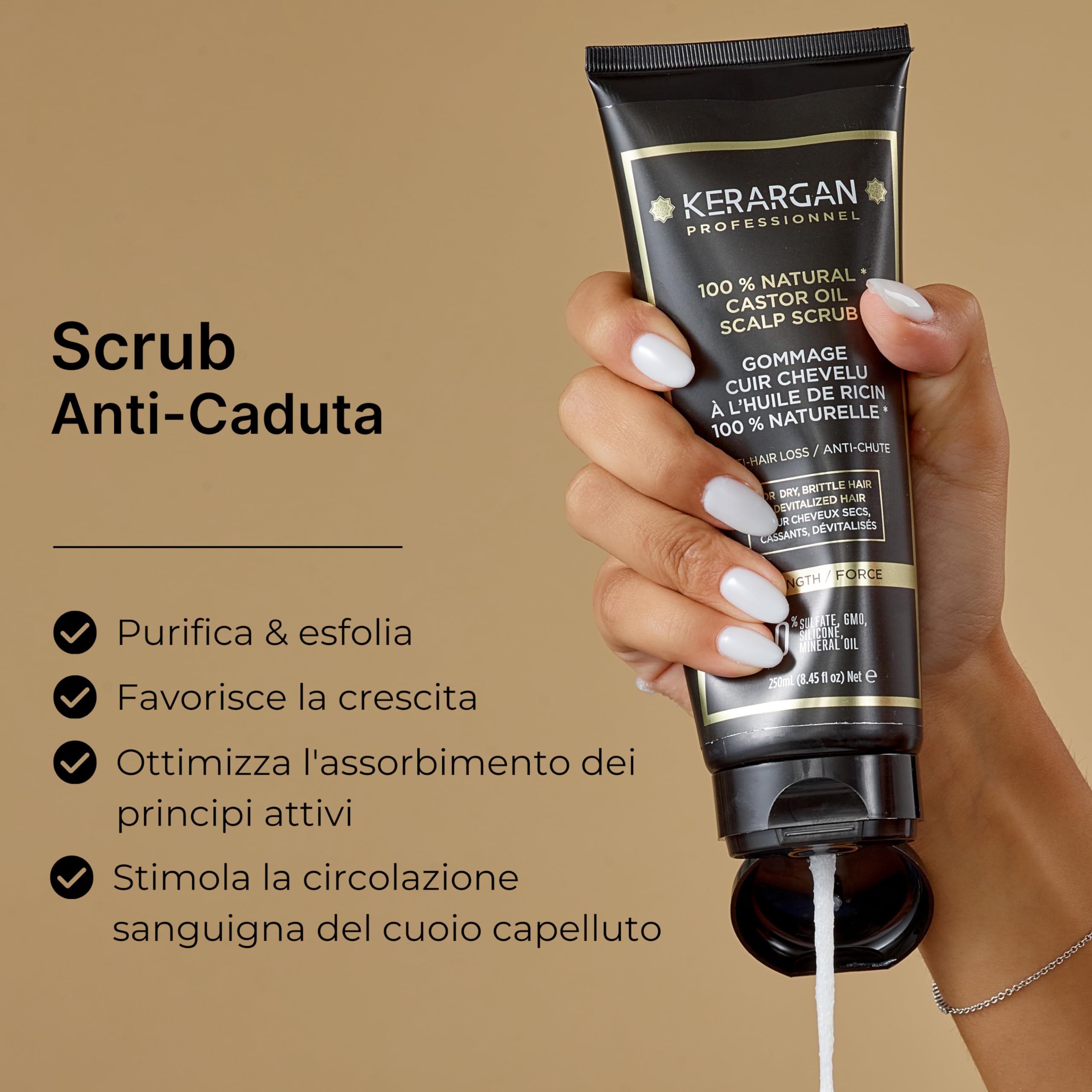 Kerargan - Scrub Capillare Anti-Caduta all'Olio di Ricino - Per un Cuoio Capelluto Sano e Capelli Rivitalizzati - Arricchito con Olio di Mandorle Dolci e Aloe Vera - Senza solfati,GMO,silicone - 250ml