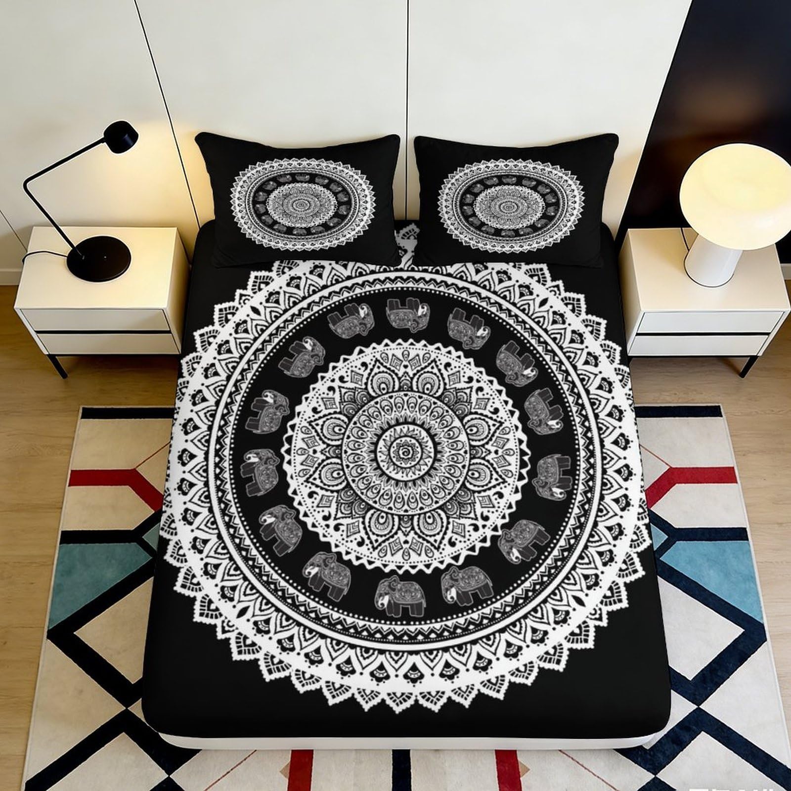 3D Printed Mandala Elephant Fitted Sheet Microfiber Black White Mattress Cover Non Slip Washable Decorative for Bedroom Guestroom 90x200x25cm