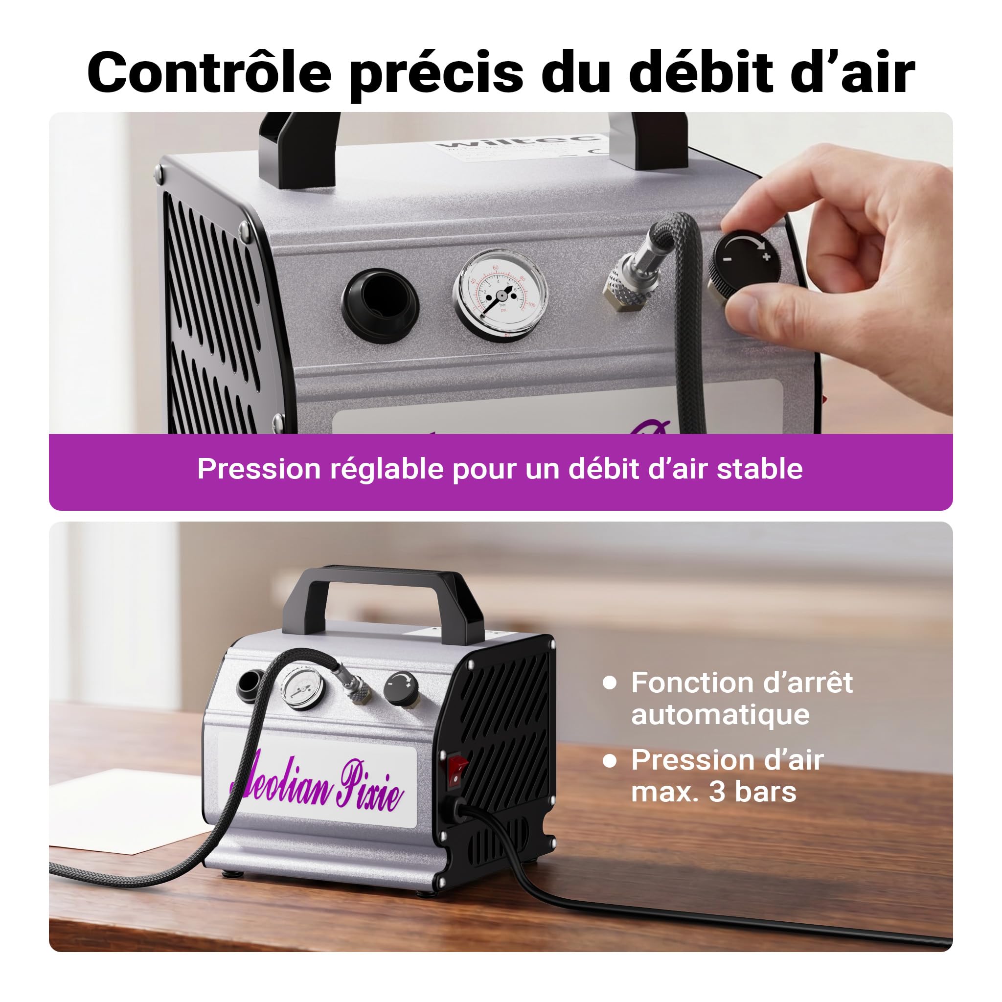Wiltec Compresseur à membrane Aérographe Airbrush AS176 – Monocylindrique, portatif, silencieux – 3 bar – Diaphragme – Sans huile – Pour aérographie, modélisme, manucure, tatouage