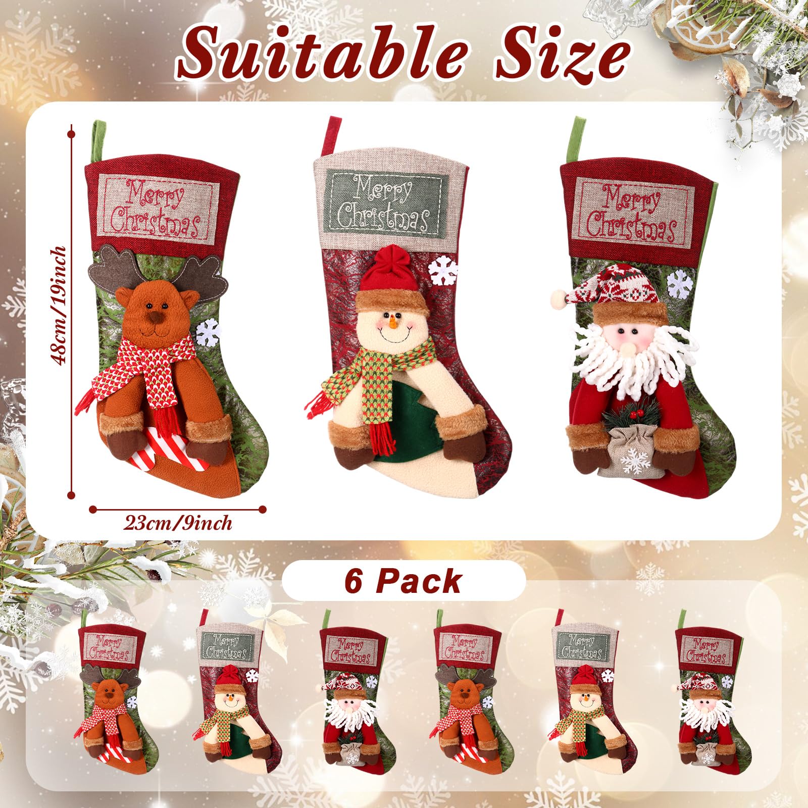 Lyrow Confezione da 6 calze di Natale da 48 cm, calze natalizie 3D con Babbo Natale e gnomo per Natale a quadri, grandi calze per vacanze in famiglia, regali di Natale, decorazioni (stile adorato)