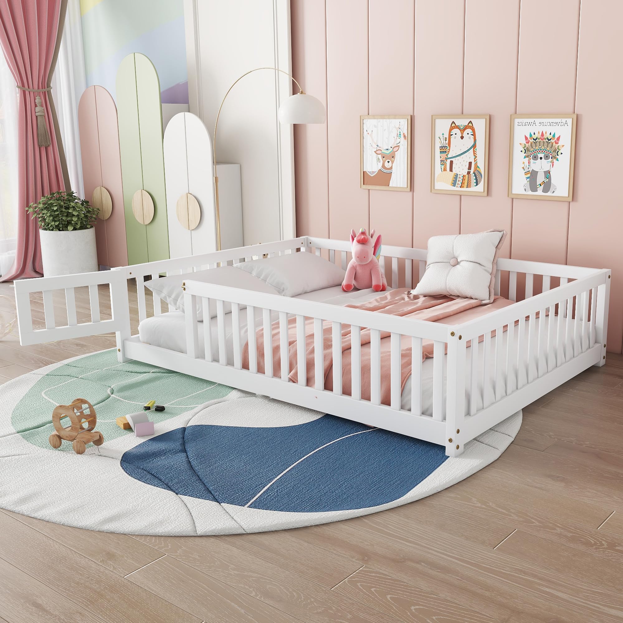 Full Size Floor Bed with Slats and Center Support Bar, Montessori Floor Bed with Fence and Door White