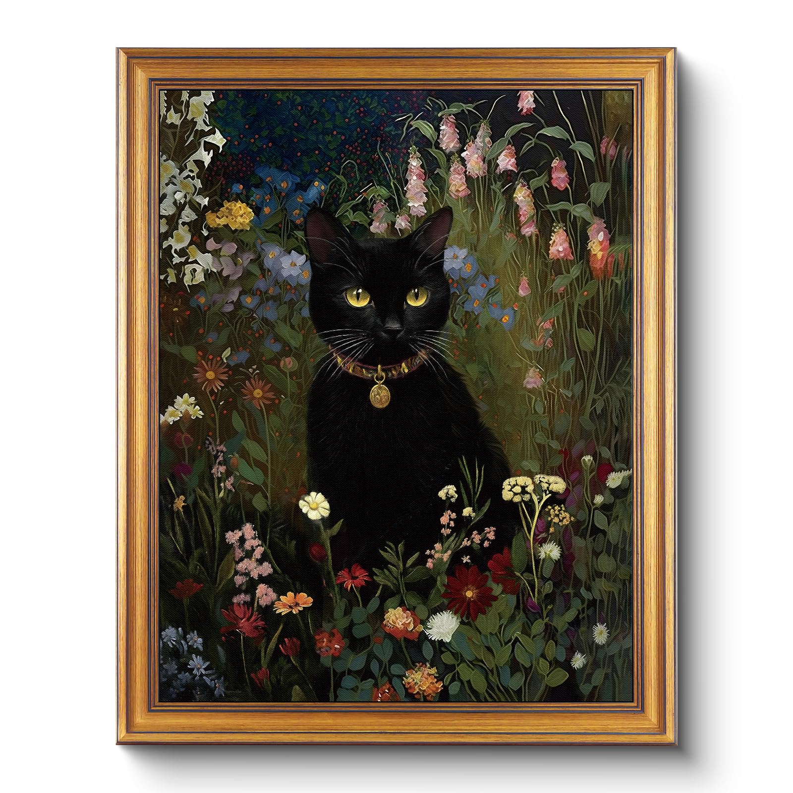 Vintage Gold Frame Black Cat in Garden 16x20 Botanical Wildflower Wall Art