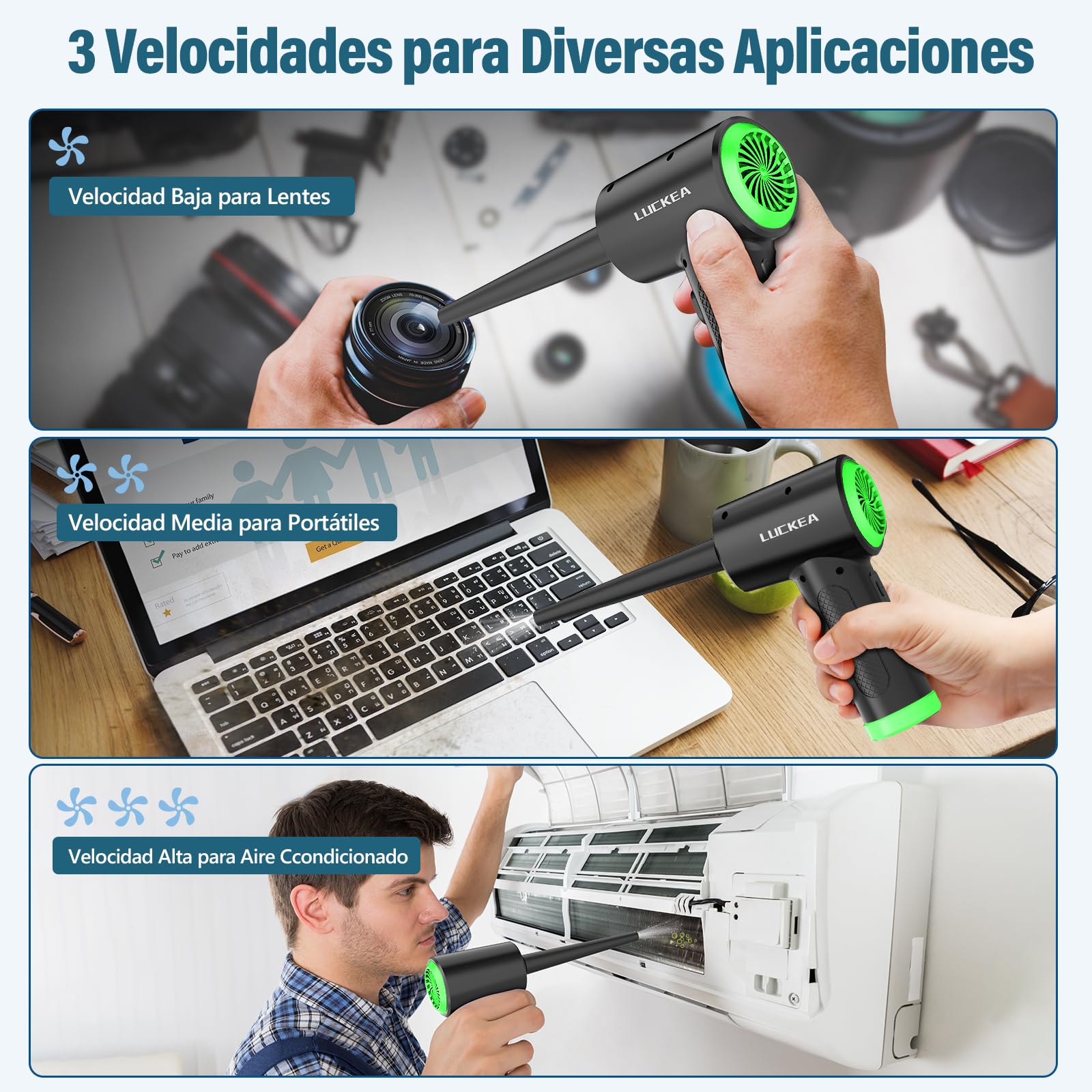 Aire Comprimido Limpieza PC Air Duster - 3 Velocidades Soplador de Aire Potente con Luz LED, 6000mAh, Soplador de Polvo Eléctrico, Alternativa al Spray Aire Comprimido o Compressed Air