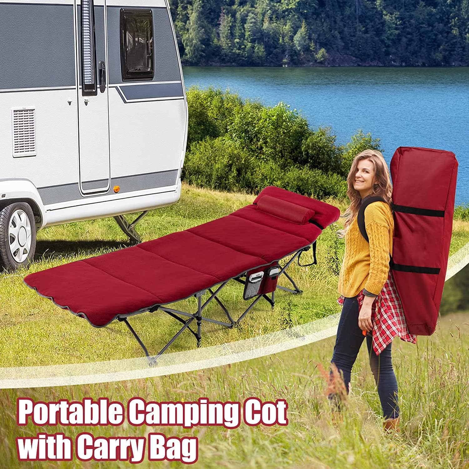 Goplus Camping Cot, Folding Camping Cot with Mattress, Pillow, Carry Bag, Storage Pocket, Camping Bed Military Cot for Home Office Nap Hiking, Heavy-Duty Portable Sleeping Cot for Adults Kids (Wine)