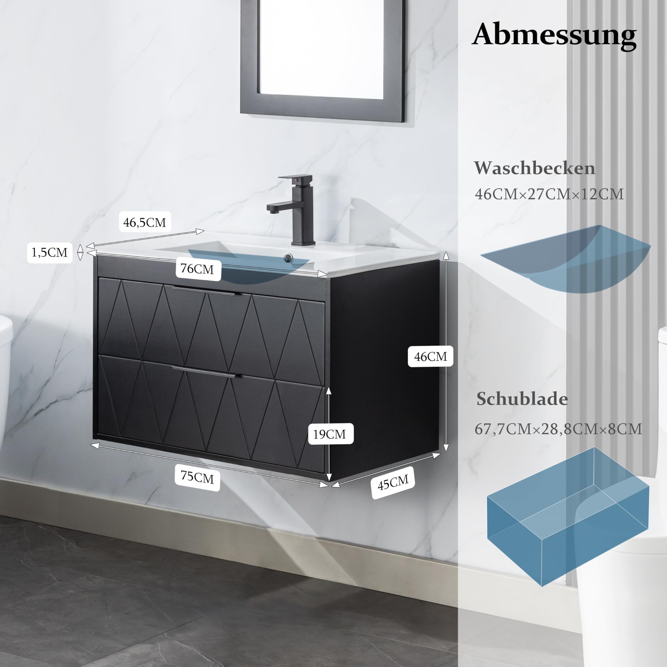 UEV Waschtisch mit Unterschrank, Waschbeckenunterschrank 75cm hängend, Waschbecken aus Keramik, Badezimmmer Möbel für Gäste WCmodern, Soft-Close, schwarz