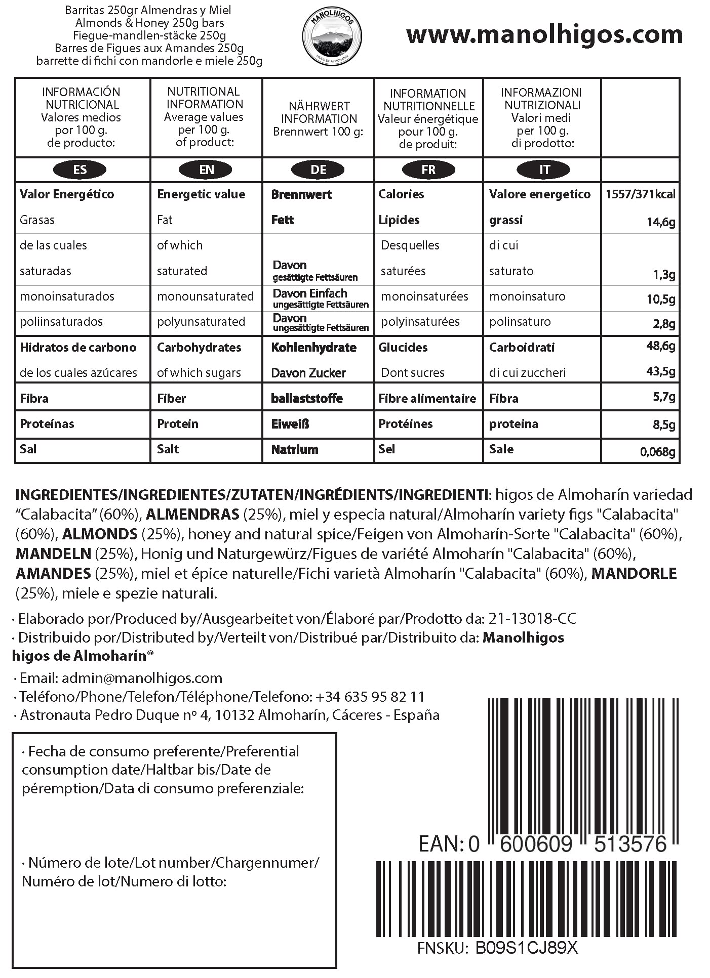 Manolhigos | Barritas de higo con almendras | Barritas energéticas naturales | Higos 100% naturales | Sin azúcares añadidos | 25%+ de almendras enteras | Almendras de España | Pan de higo (250 gramos)