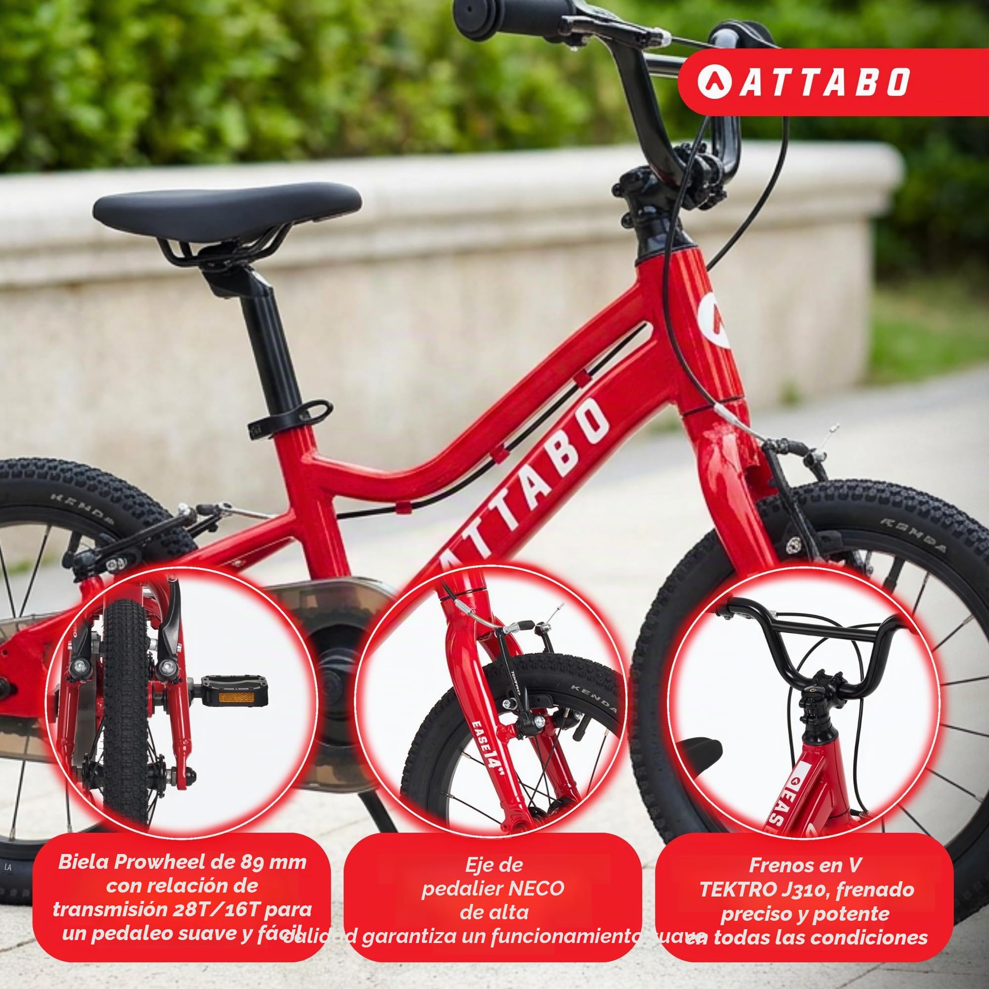 ATTABO Ease 14 - Bicicleta Infantil (2 – 5 años) con Marco de Aluminio Ligero, Ruedas de 14 Pulgadas, Adecuada para 85 – 110 cm de Altura, Solo 7 kg, hasta 50 kg, ergonómica y Estable