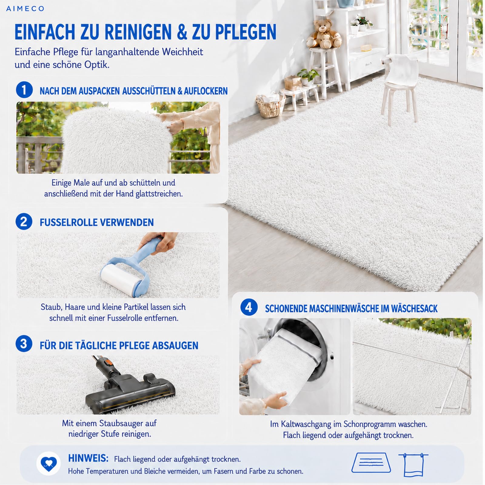 Weißer Langflor Teppich 140x200 cm – Waschbar, Antirutsch-Boden, Flauschig & Weich Hochflor Kuschelteppich für Wohnzimmer, Schlafzimmer & Kinderzimmer – Ideal für Kinder & Haustiere