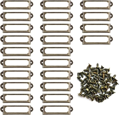 Auvotuis 24 soportes antiguos para etiquetas, marco de tarjeta de nombre de bronce antiguo, etiqueta de cajón de archivos de biblioteca de oficina,