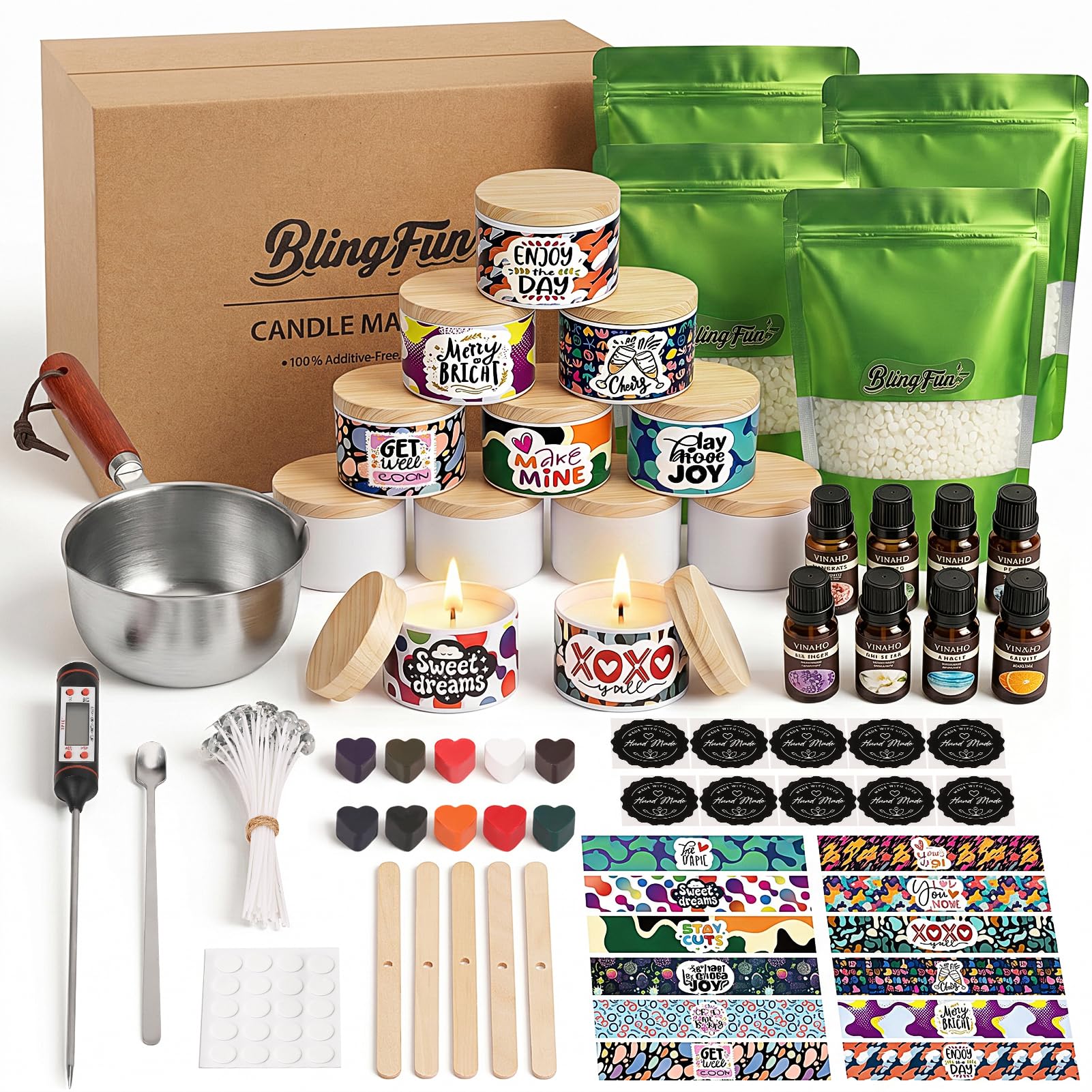 Blingfun Komplettes Kerzenherstellungs-Set – DIY Sojawachskerzenherstellungszubehör für Erwachsene und Anfänger, mit Sojawachs, Kerzendosen, Schmelztopf, ätherischen Ölen, Thermometer, Dochten und