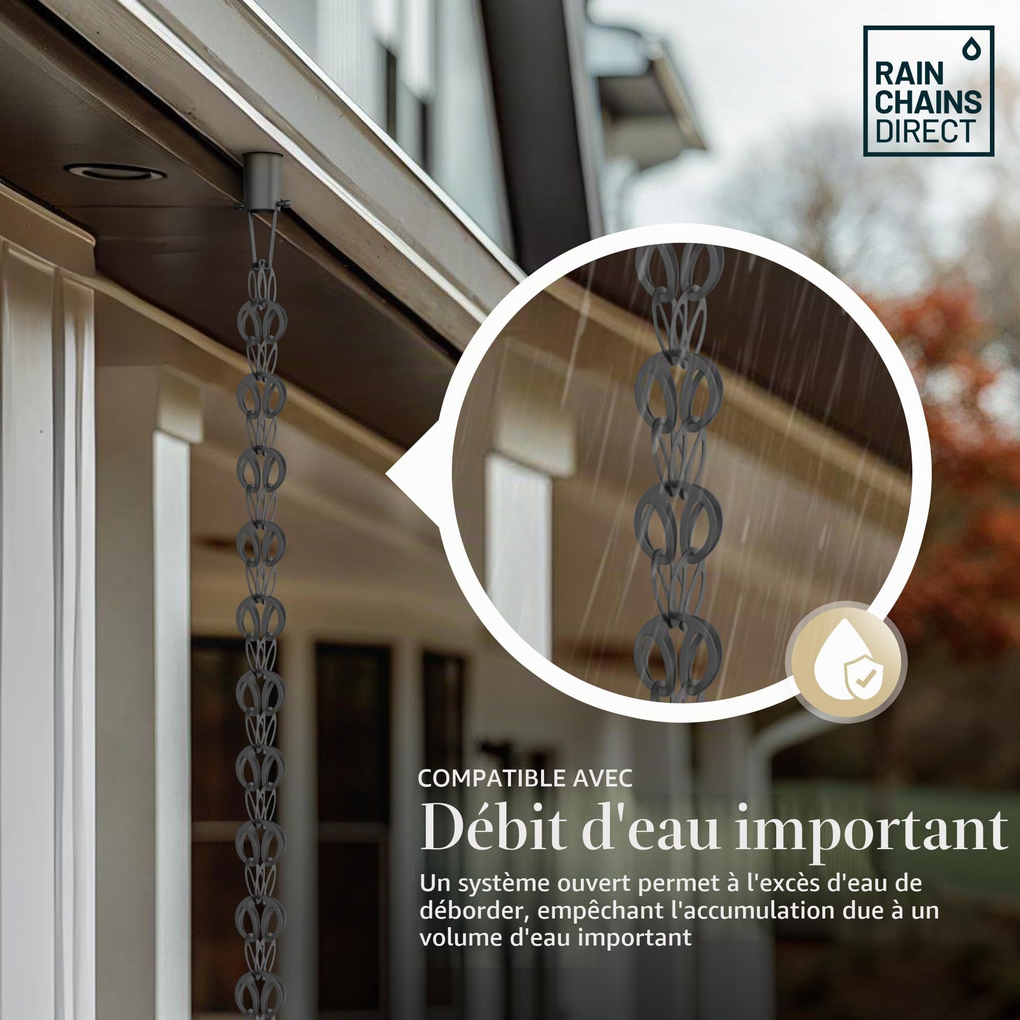 Rain Chains Direct - Modern Loop Rain Chain - 8.5 FT - Durable Black Powder-Coated Aluminum - Premium Rain Chains for Gutters