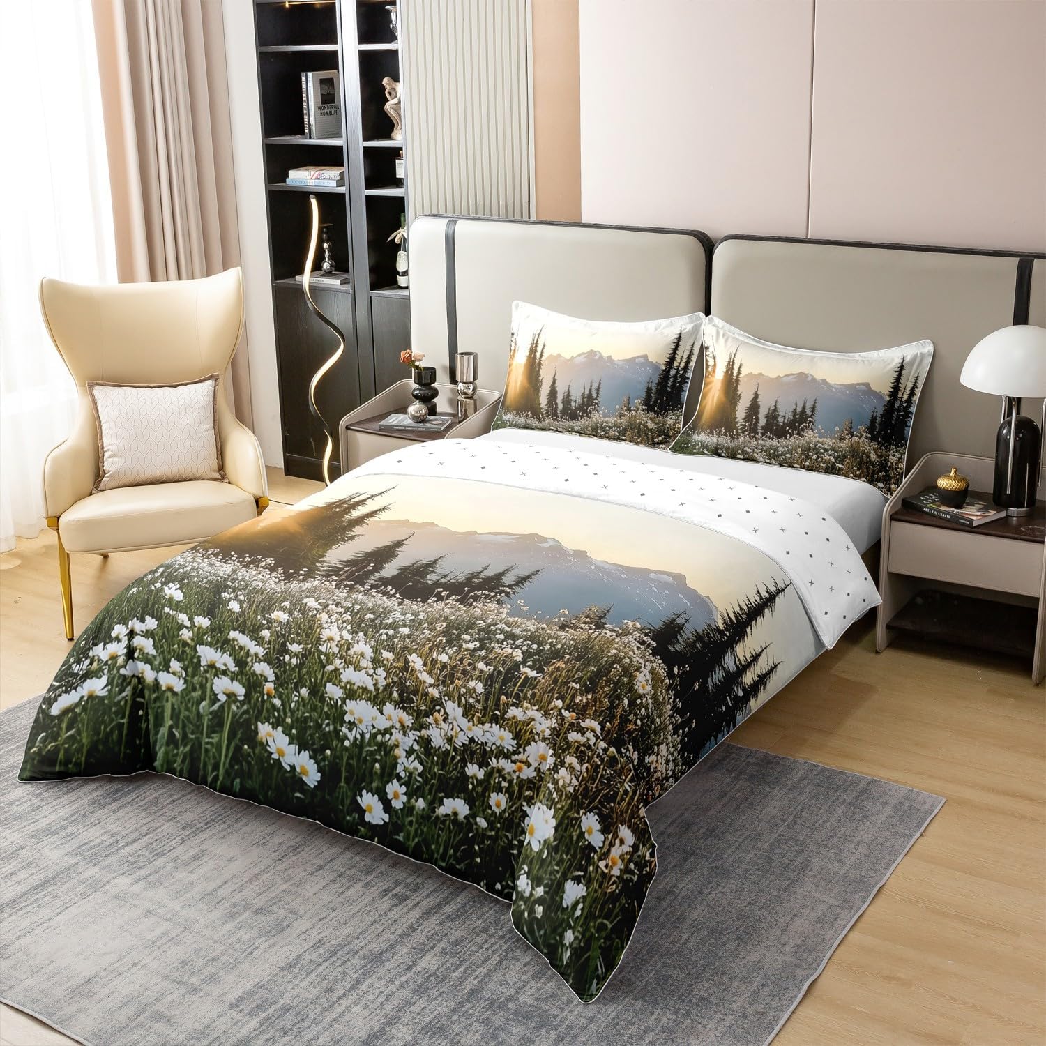 Daisy Flower 100% Organic Cotton Duvet Cover Queen Sunrise Natural Scenery Bedding Set Woodland Tree Mountain Comforter Cover Floral Wild Botanical Bed Sets with 2 Pillowcases Soft,No Comforter