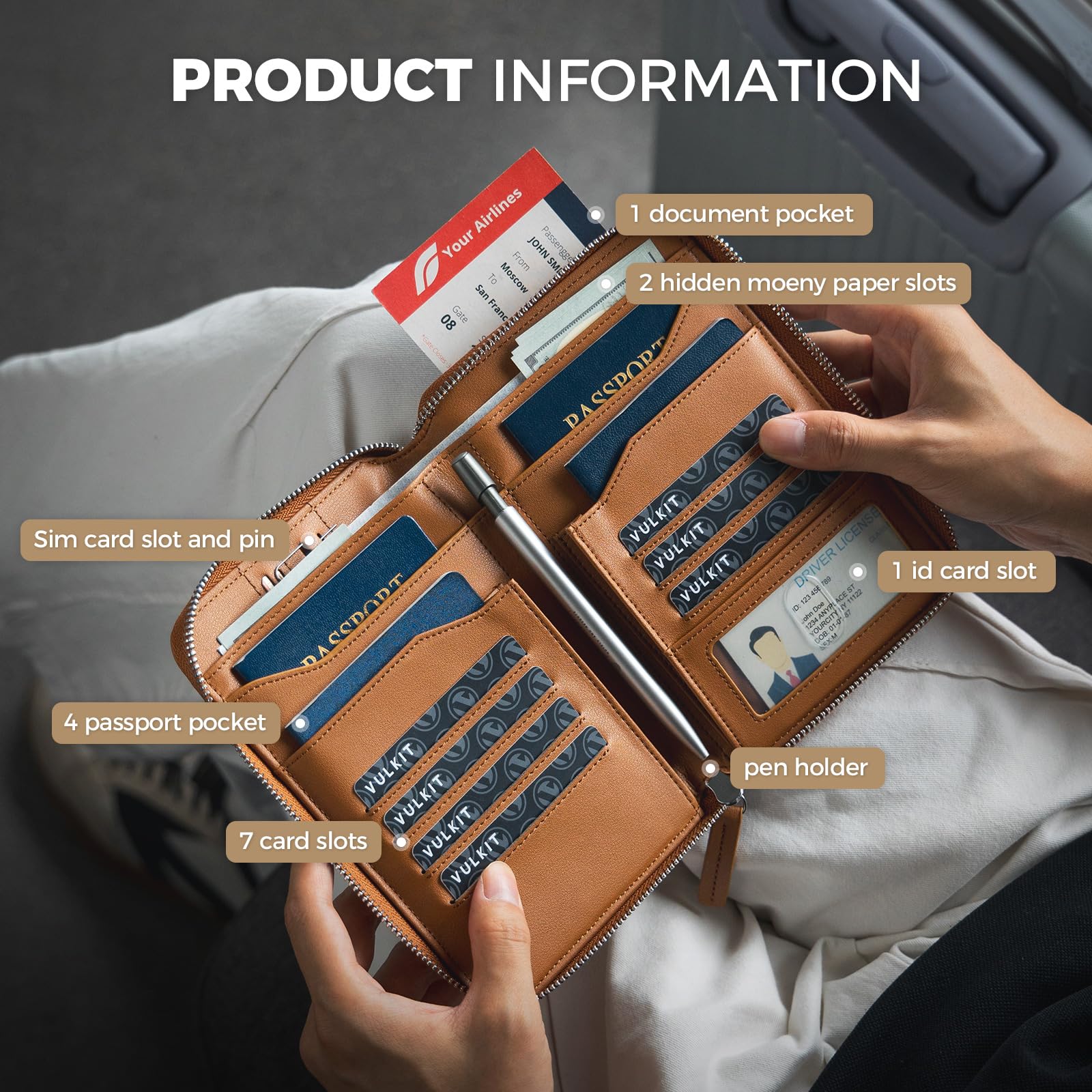 VULKIT Étui de Passeport Familial en Cuir pour 4 à 6 passeports, Organiseur de Documents Haut de Gamme, Grand Portefeuille de Voyage pour Couples et familles