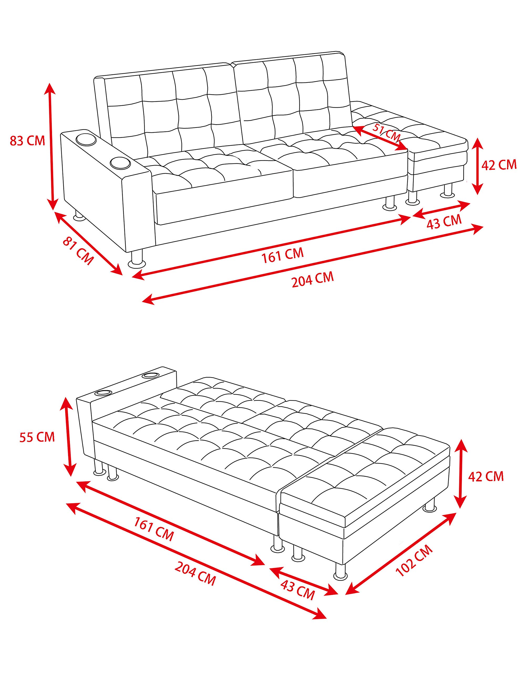 Panana 3 Seater Sofa Bed Faux Leather Modern Recliner Corner Couch