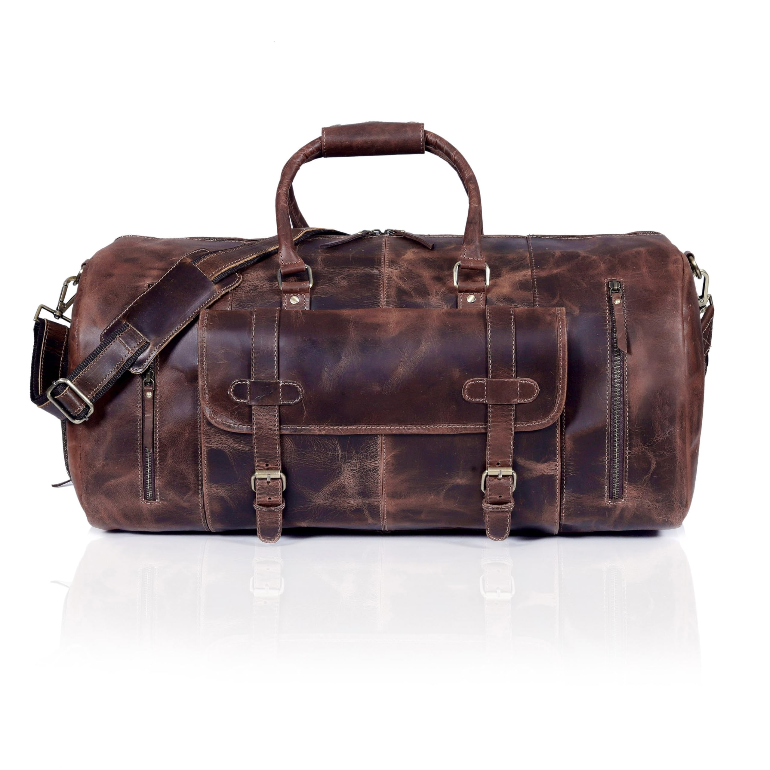 24 Inch Genuine Leather Duffle Bag for Men Travel Overnight Weekender Leather Duffel Bags Sports Gym Duffel for Men and Women Carry On Luggage for Traveling