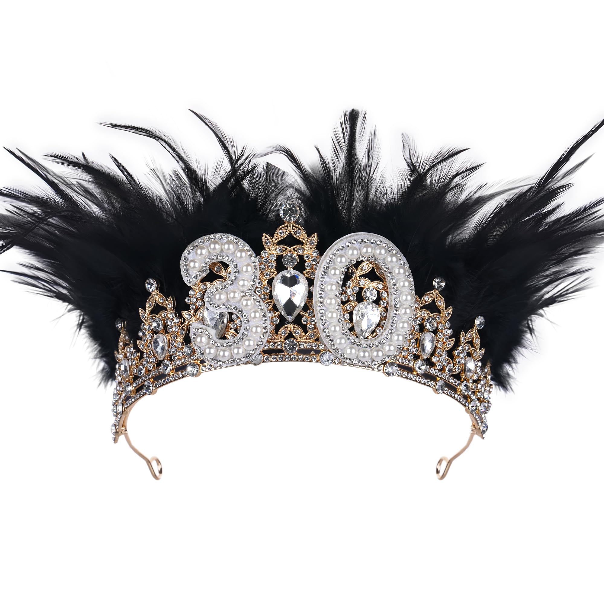 PartyforU 30th Birthday Tiara for Women - Black 30th Birthday Crown for Her 30 Years Old Gifts, Dark Feather Happy 30th Birthday Headband for Women Birthday Party Decoration Photo Shoot