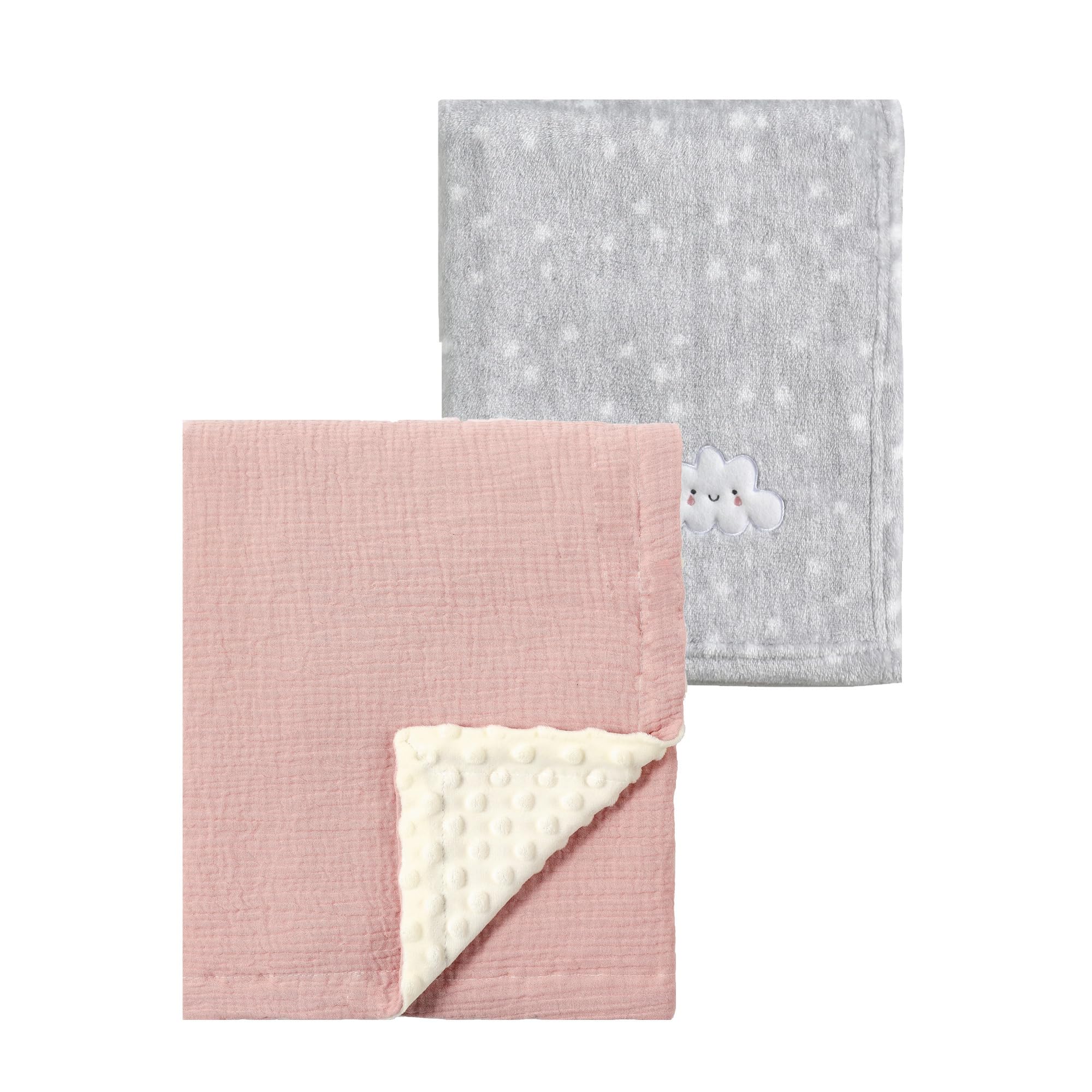 CREVENT 2Pcs 75cmX100cm Cute Cozy Fluffy Warm Baby Blankets for Infants Toddlers' Bedding Crib Cot Stroller - Grey Cloud + Muslin Pink