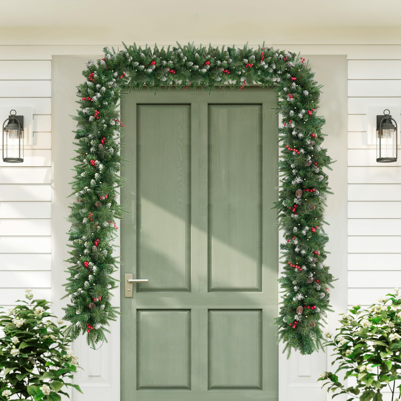 Guirnalda de Navidad artificial de 9 pies con 50 luces, decoración navideña de Navidad, guirnalda artificial con piñas y bayas para escaleras, chimeneas, puerta de pared para escaleras