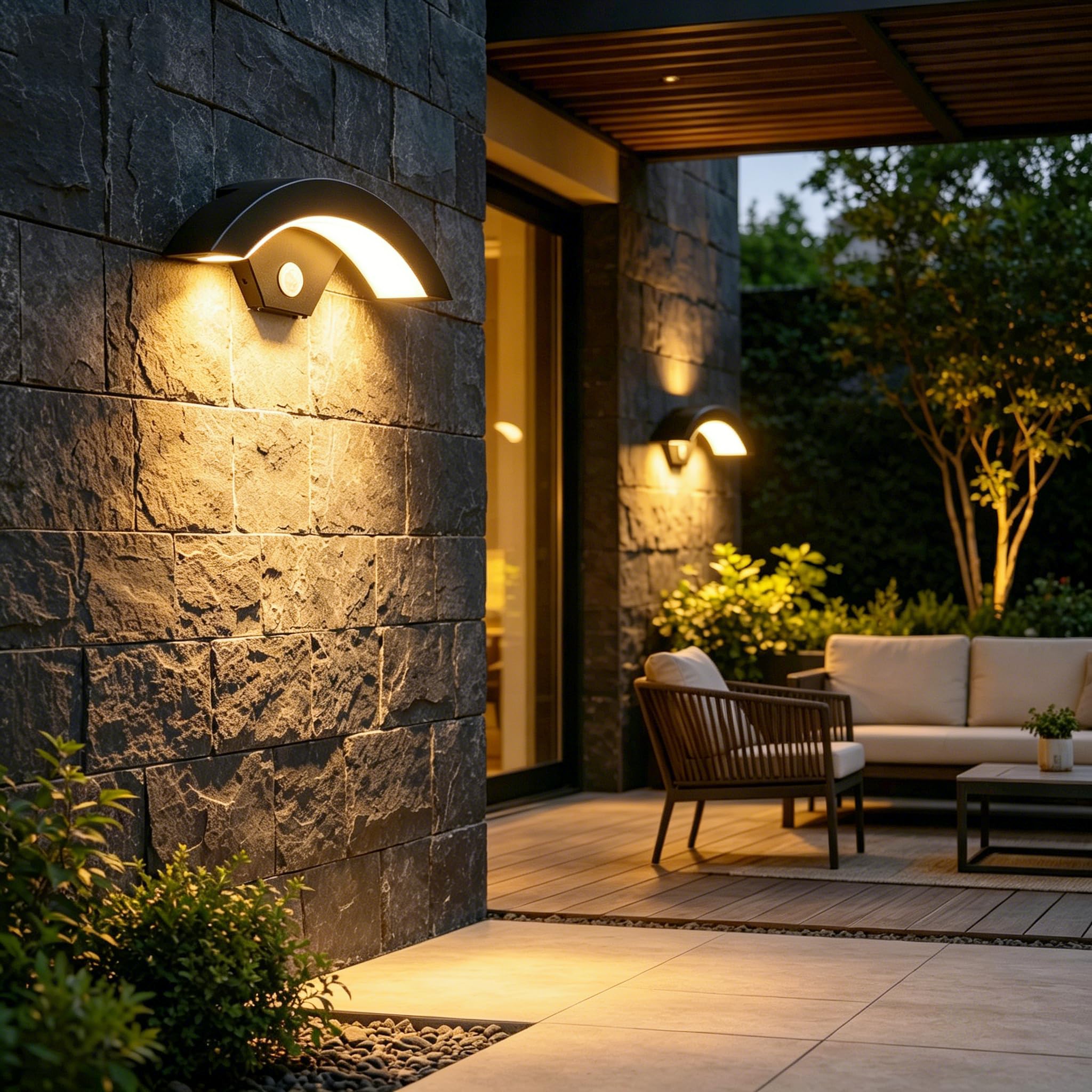 2 Stück Außenwandleuchte mit Bewegungsmelder, 24W Wasserdicht IP65 | LED Wandleuchte Außen, 3000K Warmweiß Moderne Außenlampe Wandlampe für Garten Terrasse Eingang Villa Veranda, Schwarz