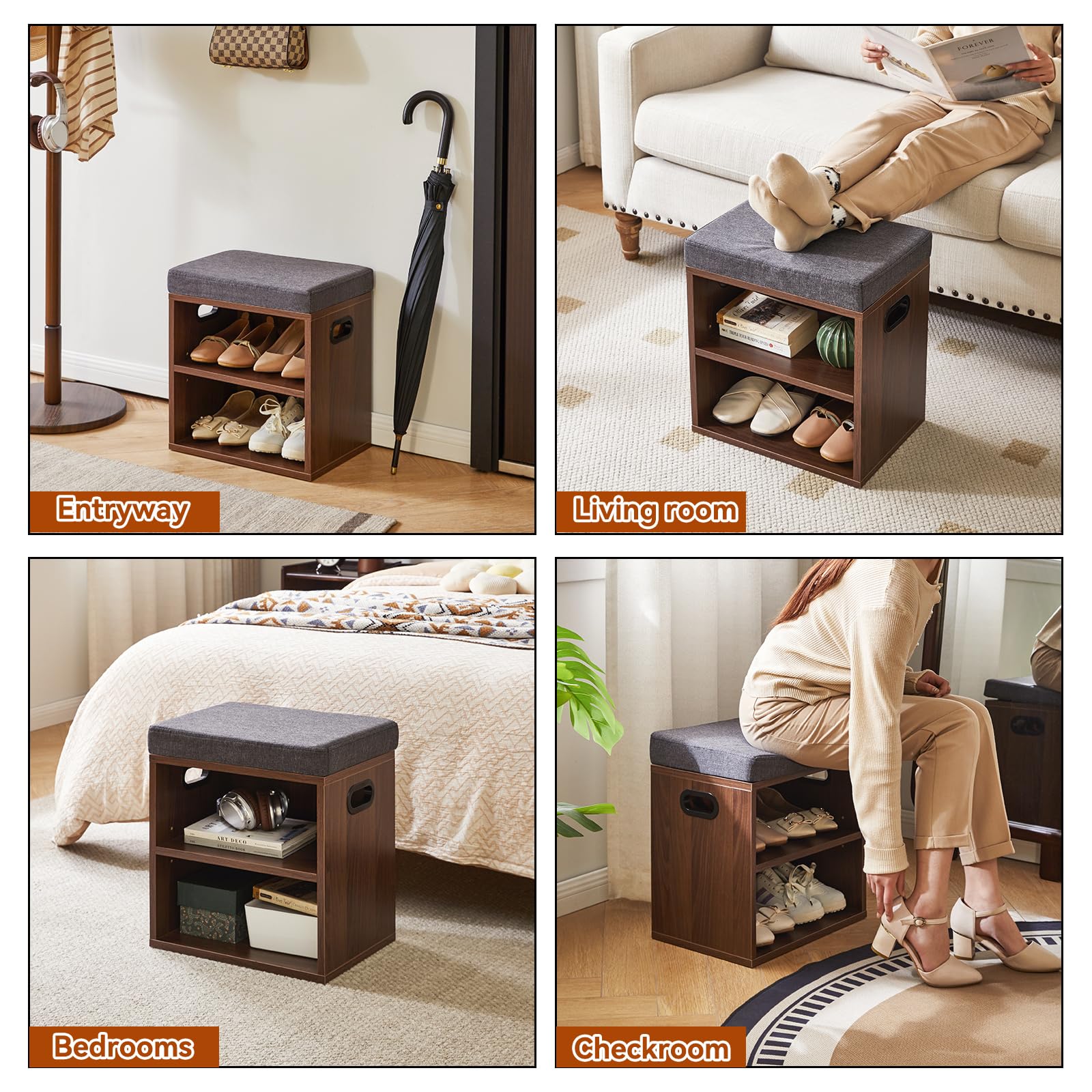 YMYNY Banco Zapatero con Asiento de 2 Niveles, Zapatero pequeño, Estante Regulable en 3 Alturas para Sala de Estar, Pasillo, Dormitorio, 42 x 39 x 28 cm Nogal Claro - HBD028LW