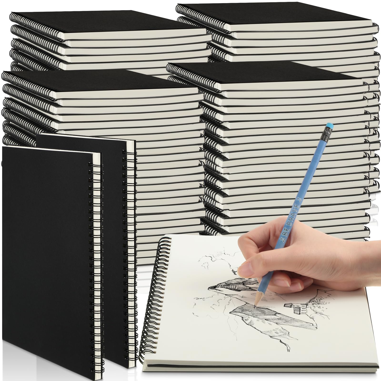 Gueevin Confezione da 100 quaderni con rilegatura a spirale rigida, 100 g/m², 19 x 25,4 cm, 60 fogli di carta da disegno per artisti e adulti, matite color pastello (nero)