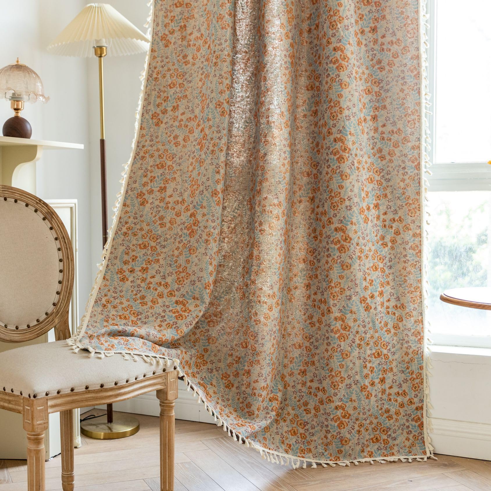Plancholo Orange Floral Curtain 87 Inch Long 1 Panel Boho Jacquard Semi Sheer Window Curtain Panel With Tassels Rod Pocket Drape For Living Room Bedroom, 59" W X 87" L