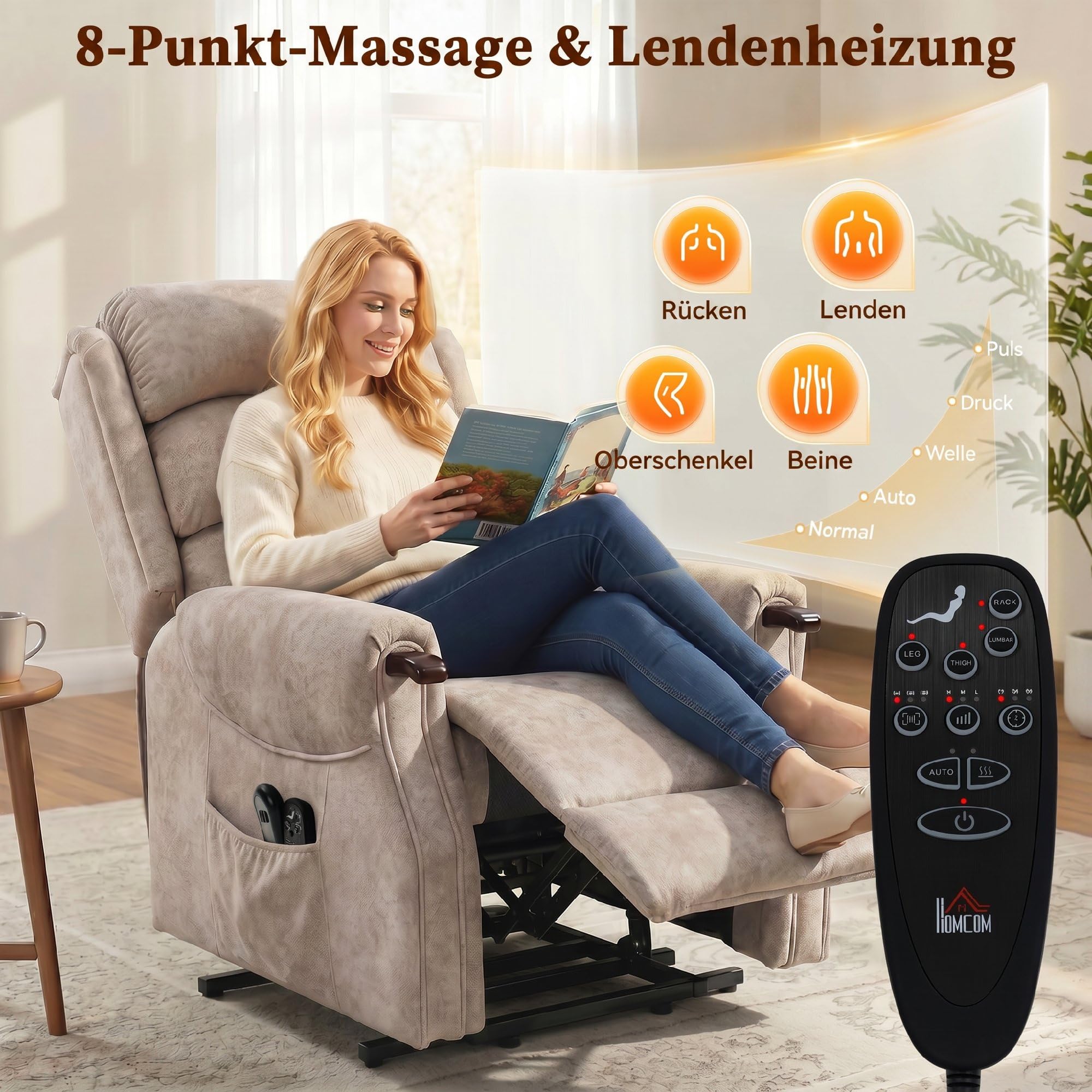 HOMCOM Relaxsessel Fernsehsessel mit Aufstehhilfe Elektrisch Hellgrau
