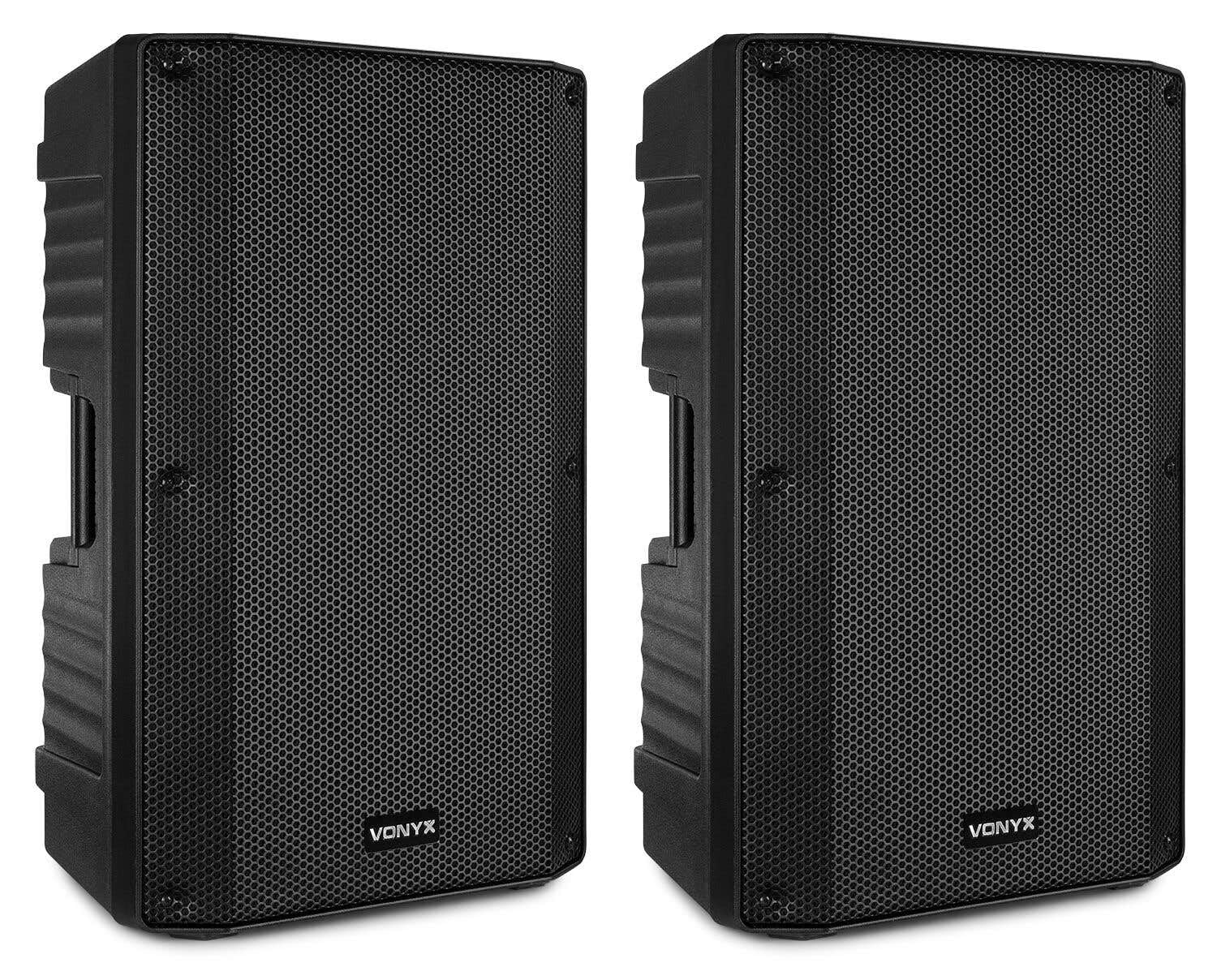 Vonyx VSA150S Pack Altavoces Activos Bluetooth 15 Pulgadas 1000W con 2 Soportes Regulables y Bolsa Cable Jack 3,5 mm a 2 RCA Equipo DJ para Eventos Fiestas Karaoke actuaciones y presentaciones