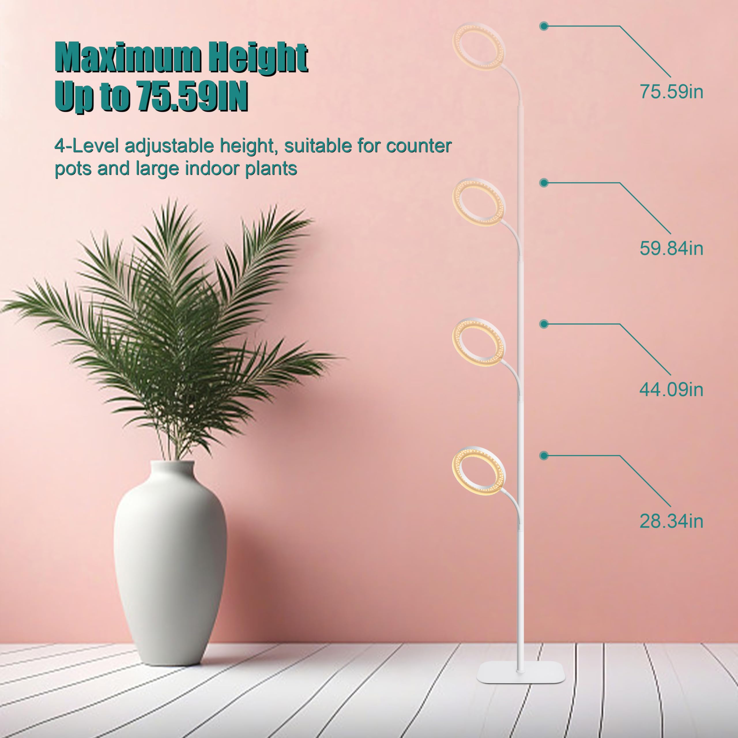 White Ring Floor Grow Light, Lampada a LED a spettro completo con supporto, timer 3/9/12H, dimmerabile a 10 livelli, regolabile in altezza da 150 cm, lampada di crescita 3000 K, per piante alte