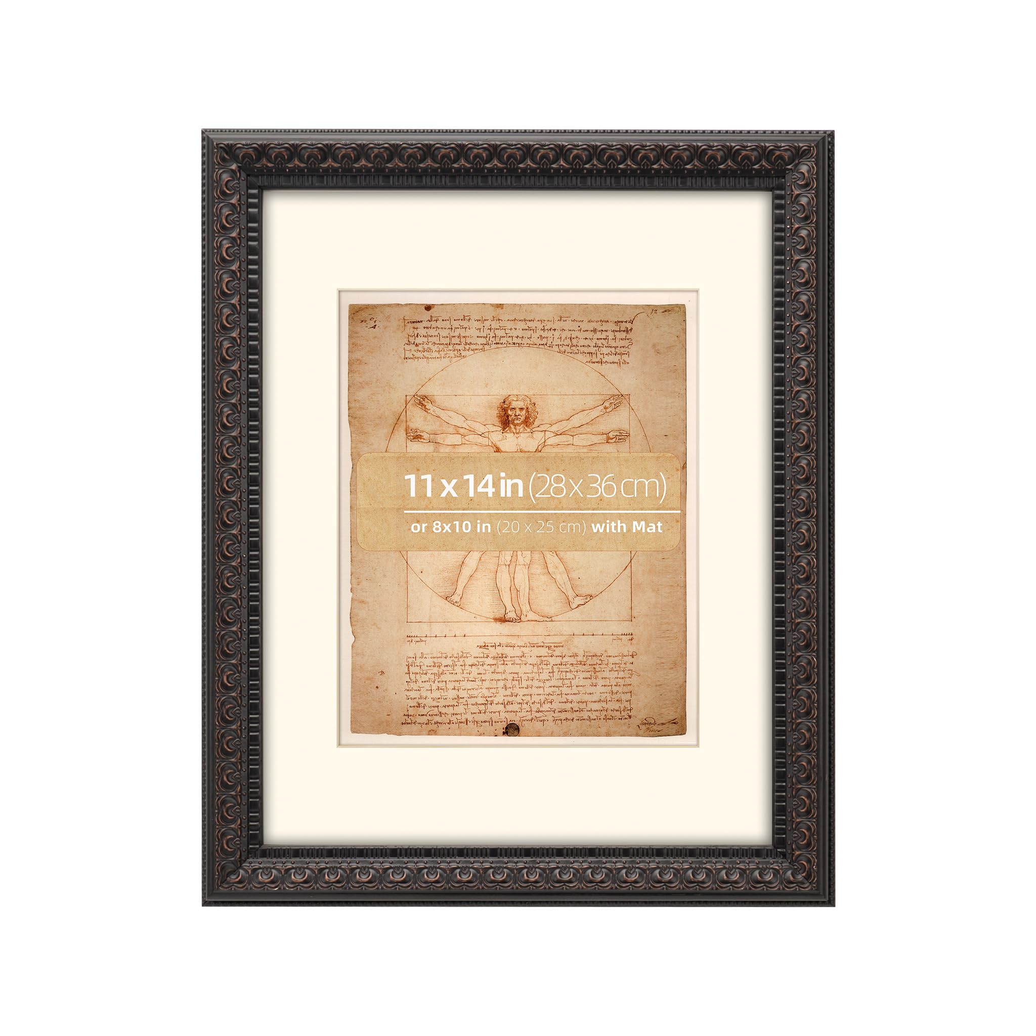 Eitida Rustic Black 11X14 Ornate Wooden Picture Frame, With Mat 8X10 Inches, Wall Mount Or Tabletop Vertical Or Horizontal Display, Real Glass,