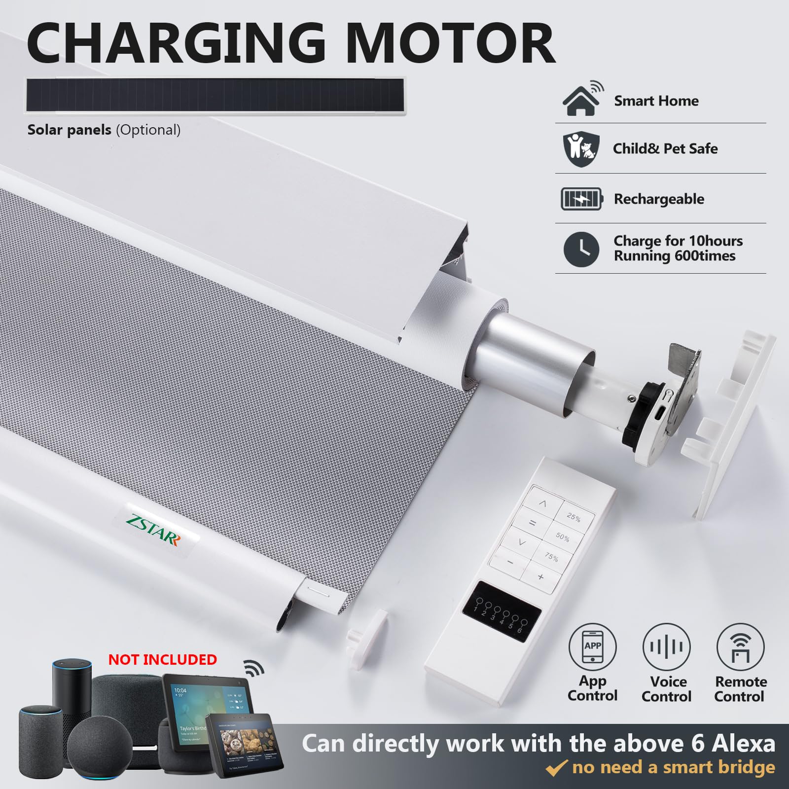 ZSTARR Motorized Day and Night Dual Smart Blind for Window with Valance Rechargeable Motor,Blackout Roller Shade Custom Size,with Valance Suitable for Home,Office (Full Blackout White)