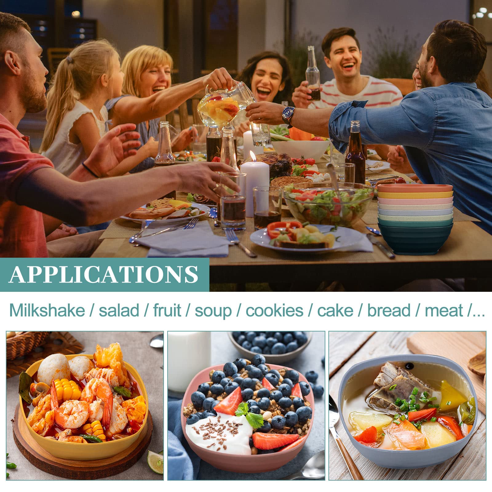 Gejoy 64 Pcs Unbreakable Cereal Bowls Reusable Wheat Straw Bowls Microwave and Dishwasher Safe Bowls Soup Bowls Fiber Lightweight Bowls for Kitchen Serving Salad Rice Snacks Oatmeal (Square,20 oz)