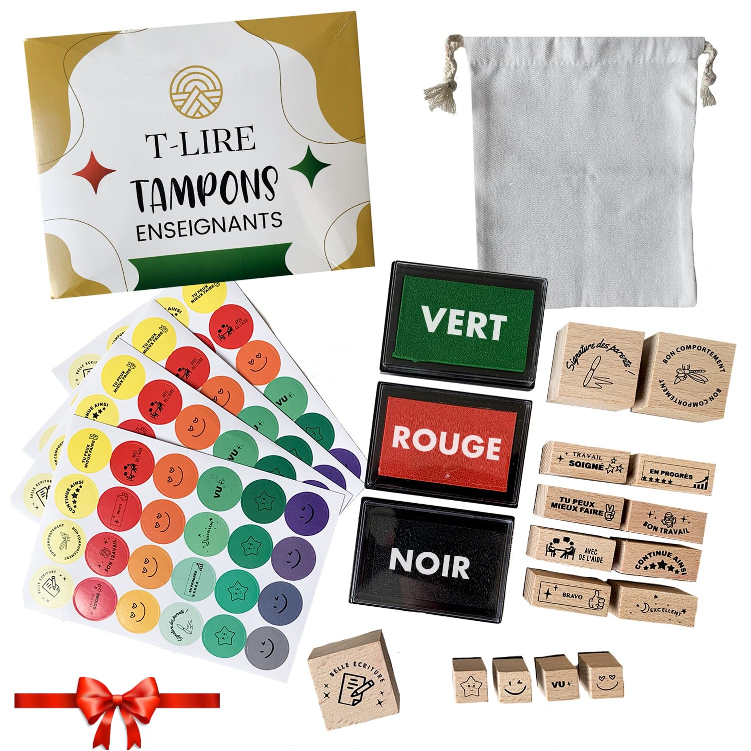 Tampon enseignant Français. Boite de 15 Tampons enseignants personnalisé, 3 encres, 200 gommettes, EBOOK OFFERT. Cadeau institutrice, maîtresse, Professeur École, Maître. Idéal pour Motiver les élèves