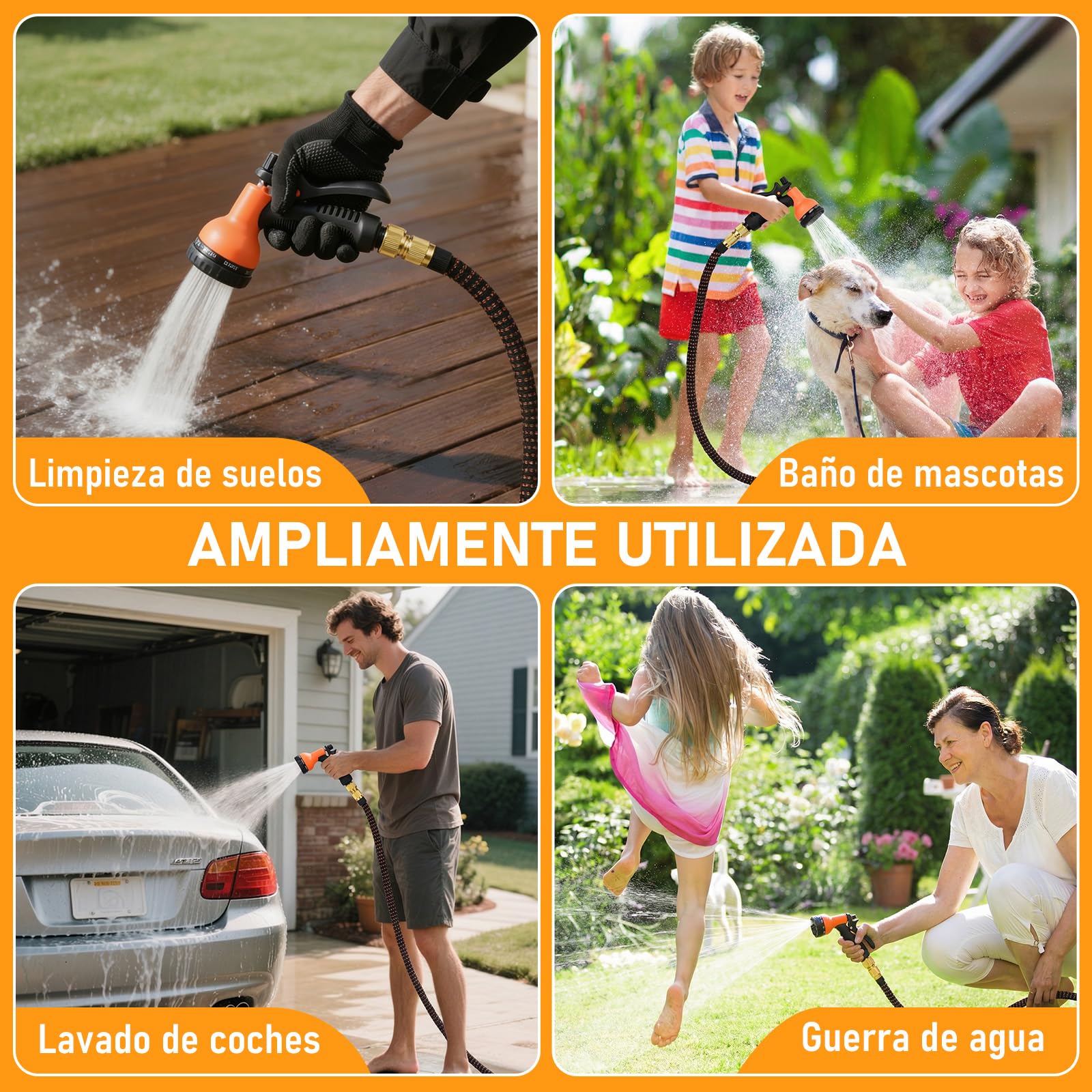 Manguera Extensible 30M/100FT, Manguera de Jardín Extensible Pistola de Riego con 8 Funciones Pistola Hose Con 3/4" y 1/2" Accesorios de aleación de zinc. el Riego de Plantas Hortícolas (Naranja) — view 6