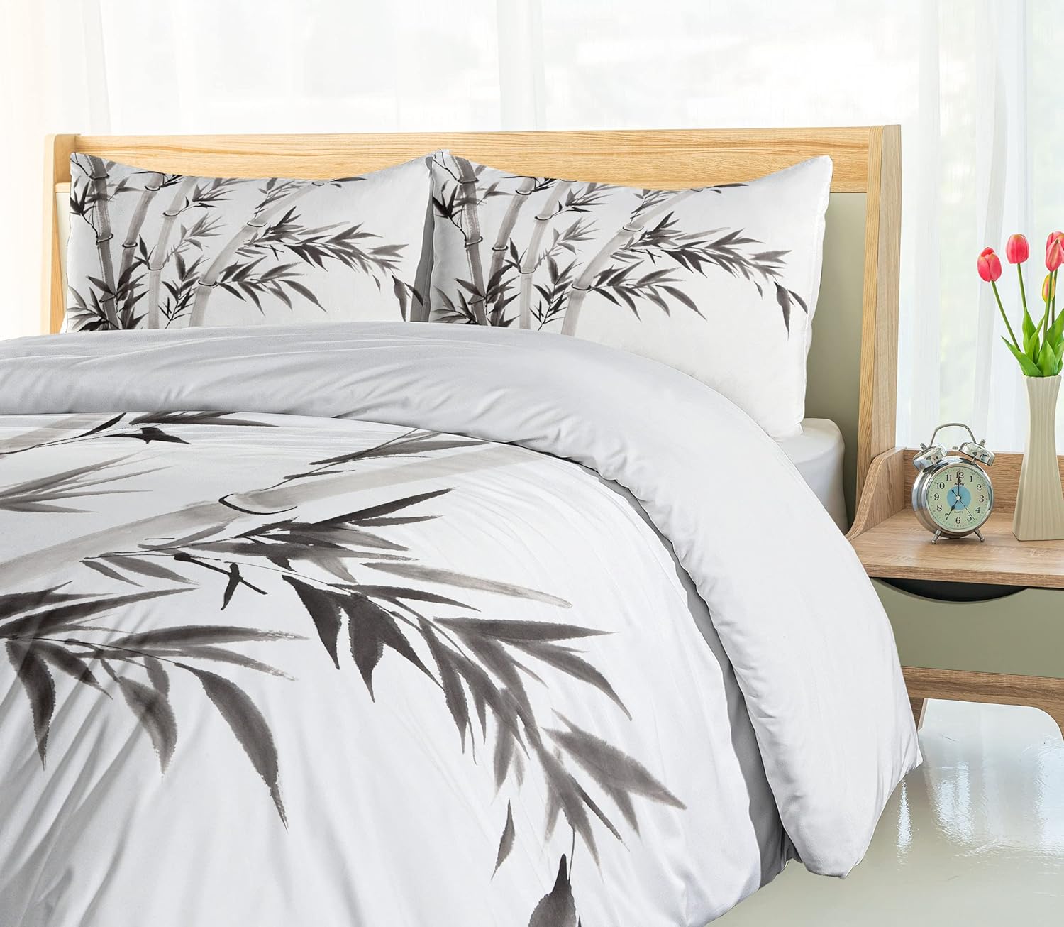 Ambesonne Asian Themed Duvet Cover Set, Traditional Leaves Meaning Wisdom Growth Renewal Unleash Your Power Art, Decorative 3 Piece Bedding Set with 2 Pillow Shams, Queen Size, White and Grey