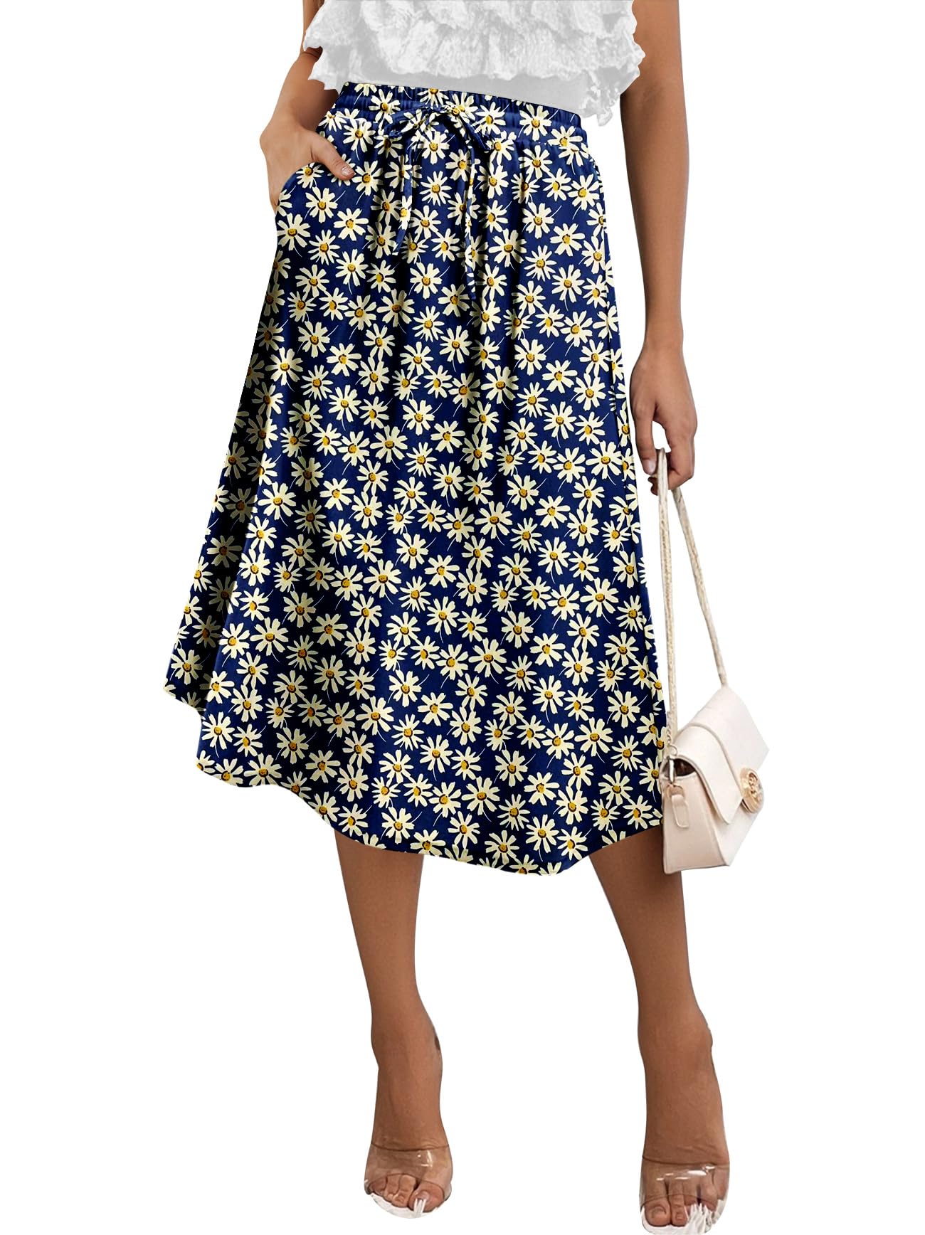Angerella Womens Skirt Midi High Waist A-Line Casual Floral Print Trendy Bohemia Work Elegant with Pockets