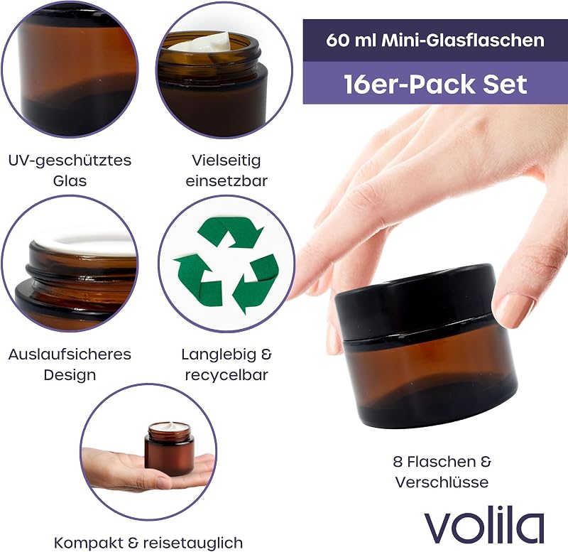 volila Borostyán Üveg Tégelyek Fedéllel (60 ml, 16 db) - Kozmetikai Tárolóedény Krémekhez, Kenőcsökhöz - Újratölthető Üvegtégelyek