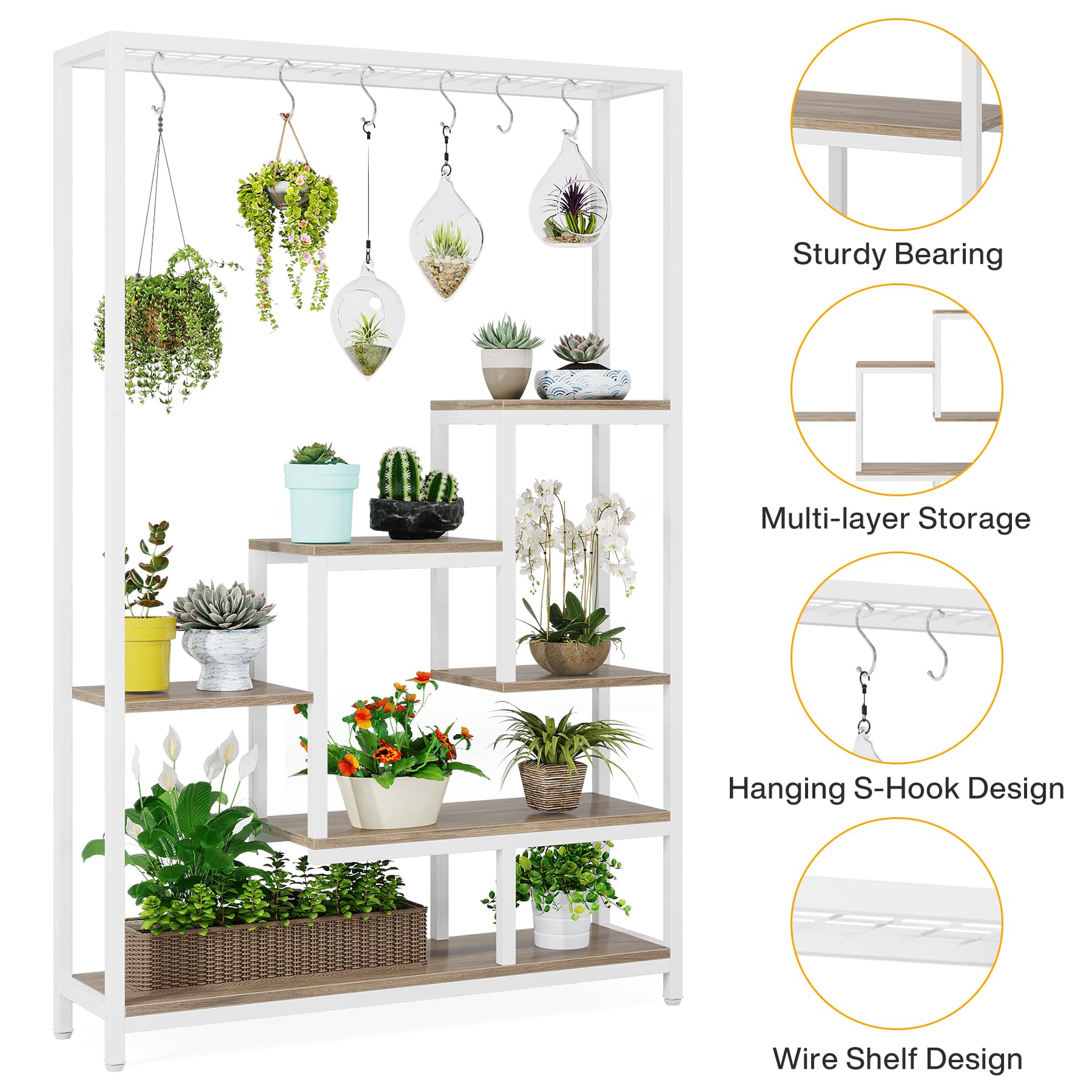 Tribesigns Soporte alto para plantas de interior de 5 niveles, estante de metal de 180 cm con 10 ganchos para colgar en S, estante de exhibición multiusos para bonsái de flores para interiores