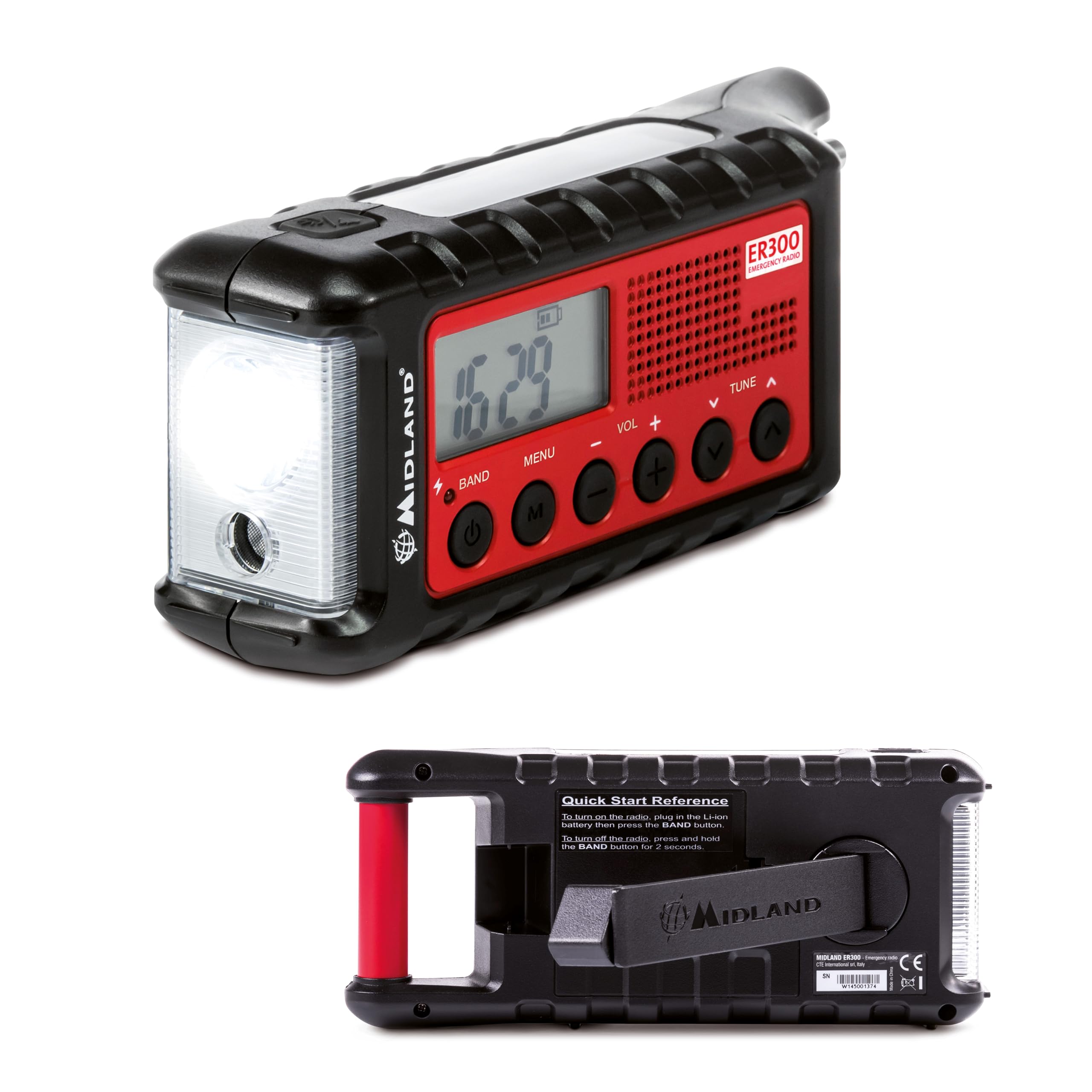 Midland - Batería Externa de Emergencia ER300 Multifuncional para Camping y Outdoor, Linterna LED Dinamo, Radio FM/Am con Placa Solar, Función SOS y Ultrasonidos para Perros, Pilas Recargables