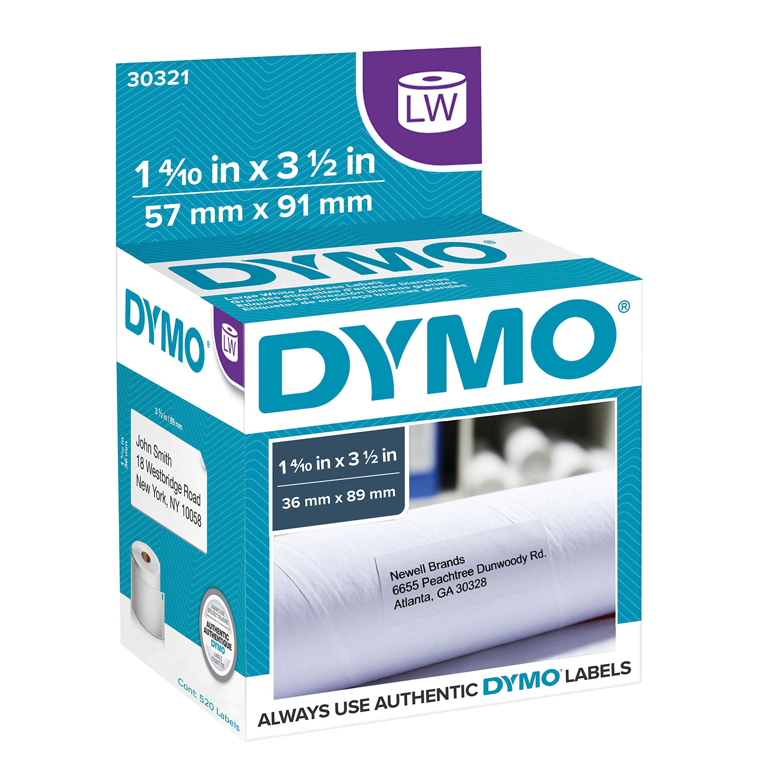 DYMOLW Large Mailing Address Labels for LabelWriter Label Printers, White, 1-4/10'' x 3-1/2'', Large, 2 Rolls of 260