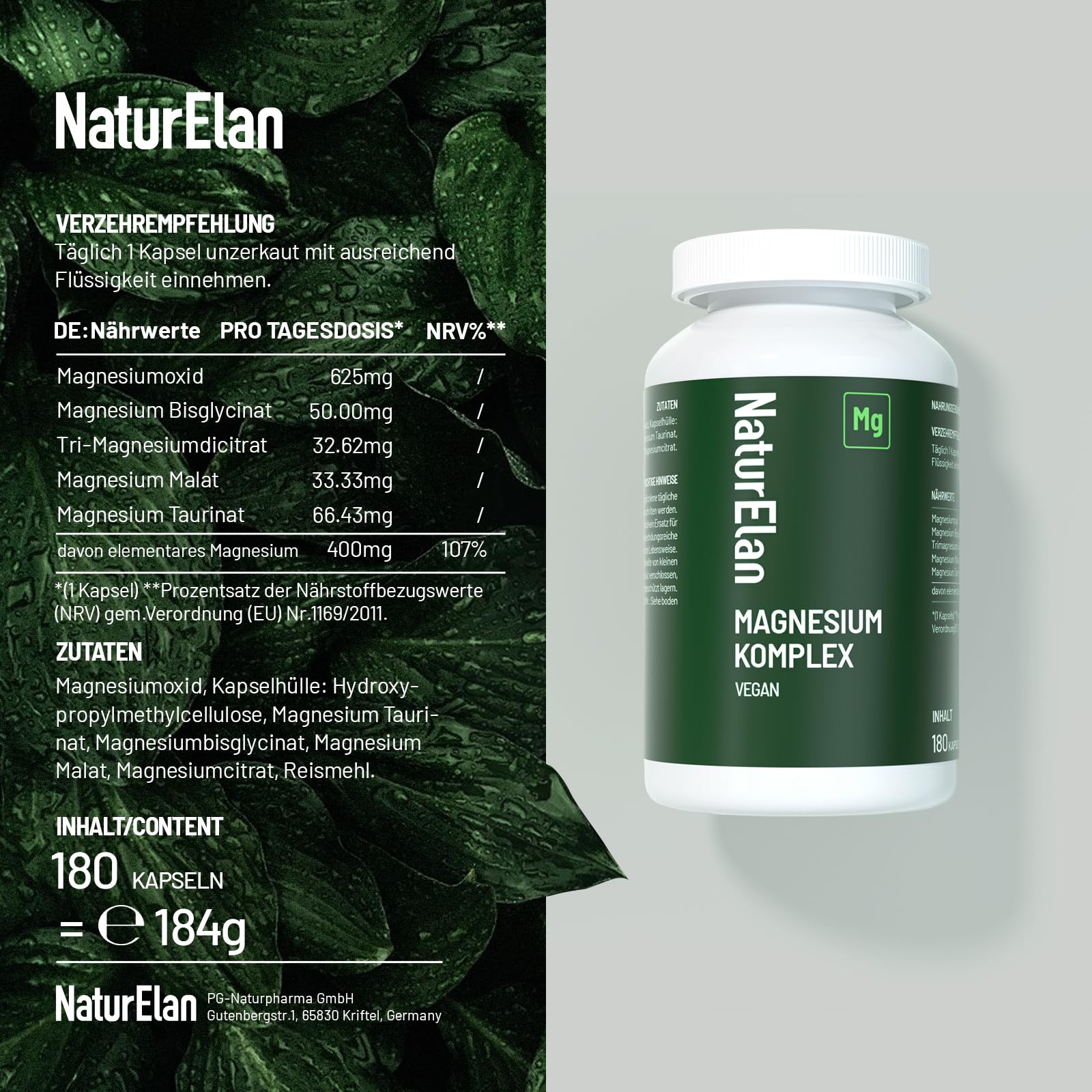 Magnesium Komplex Hochdosiert 400mg - 180 Premium Kapseln (6 Monate), 5 in 1, 807 mg je Kapsel, davon 400mg elementares Magnesium, Vegan, Magnesiumglycinat, Citrat, Malat, Taurate, Oxid