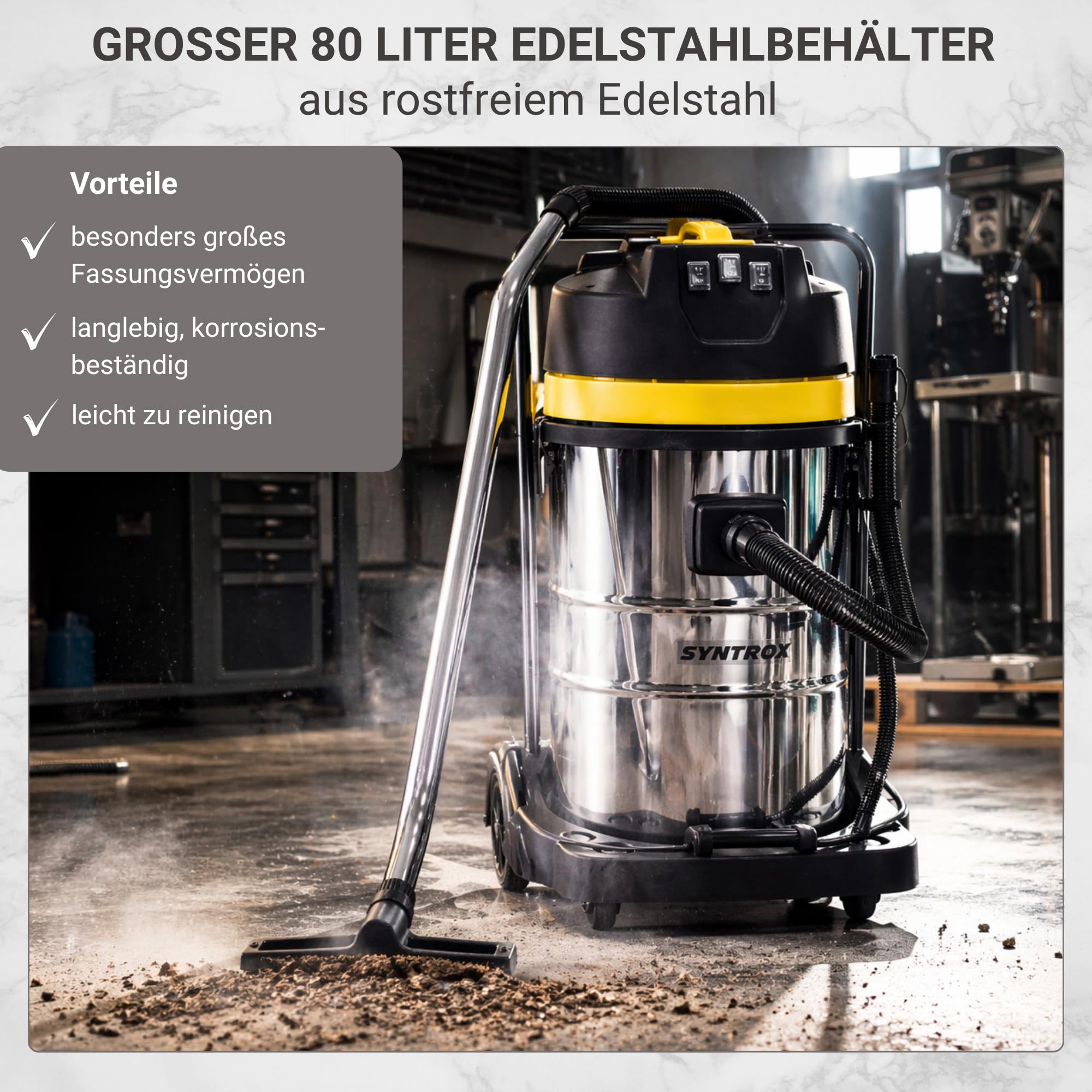 Syntrox Germany 3900 Watt 80 Liter Staubsauger Edelstahl Industriesauger Nass und Trockensauger